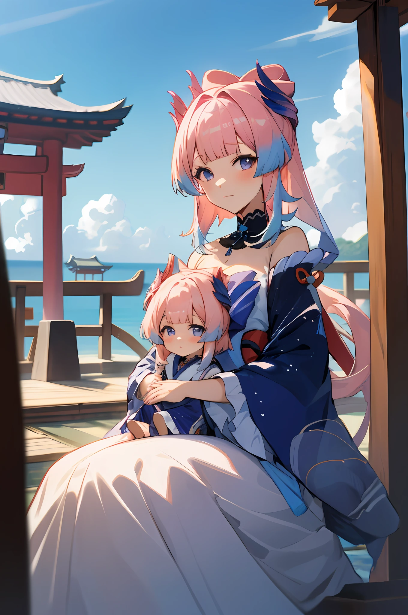 anime image of two women dressed in traditional japanese clothing in japanese village, palace  a girl in hanfu, wlop and sakimichan, blue pink haired deity, characters from azur lane, anime fantasy illustration, from the azur lane videogame, genshin, artwork in the style of guweiz, kokomi detailed art, two beautiful anime girls, blue pink hair, mother and child, sitting on the tatami with cushions, blue sky, short hair, sky, temple, looking at viewer, stairs, ocean, moody lighting, facing viewer, corals, fish, bubbles