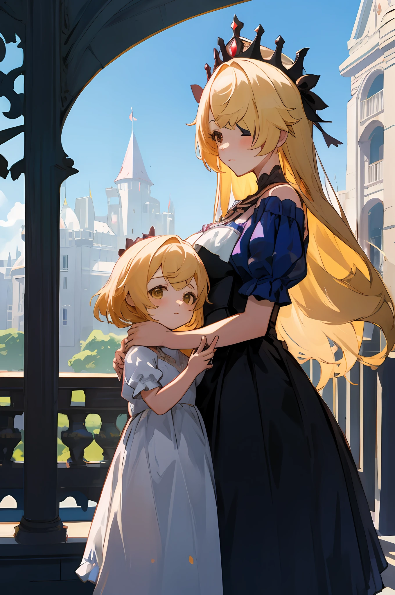 Imagem de anime de duas mulheres vestidas de vestido posando para uma foto como roupas de princesa no verão, linda decoração no vestido, palácio uma menina no palácio, cabelo longo, cabelos amarelos , ilustração de fantasia de anime, do videogame azur lane, genshin, Arte detalhada da princesa real, duas lindas garotas de anime, mãe e filho, símbolo do amor materno, mãe e filho, such as photos of mãe e filho, envergonhado, Castelo Real, Seu corvo de estimação chamado Oz está voando