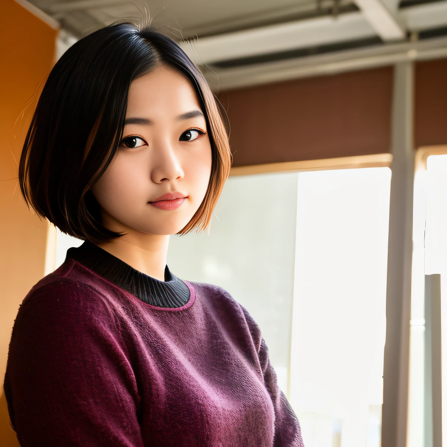 Arafed asian woman with a short haircut and a sweater - SeaArt AI