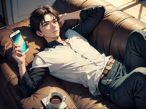 Man in casual clothes lying on sofa playing with mobile phone