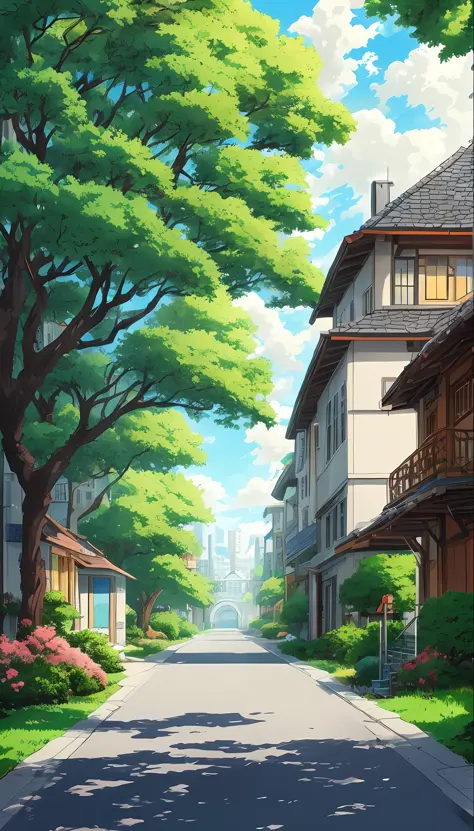 anime landscape, anime background art, anime style cityscape, anime beautiful peace scene, beautiful anime scenery, beautiful anime scene, anime country scenery, street, house, green tree, anime landscape concept art, anime scenery, anime background, town ...