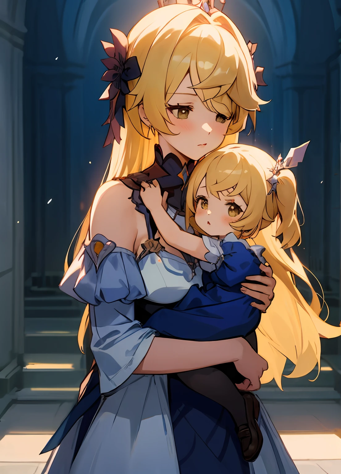 anime image of two women dressed in dress posing for a picture like princess clothing in summer, beautiful decoration on dress, palace a girl in palace, long hair, yellow haired , anime fantasy illustration, from the azur lane videogame, genshin, Royal Princess detailed art, two beautiful anime girls, mother and child, symbol of maternal love, mother and child, such as photos of mother and child, Embarrassed, royal castle