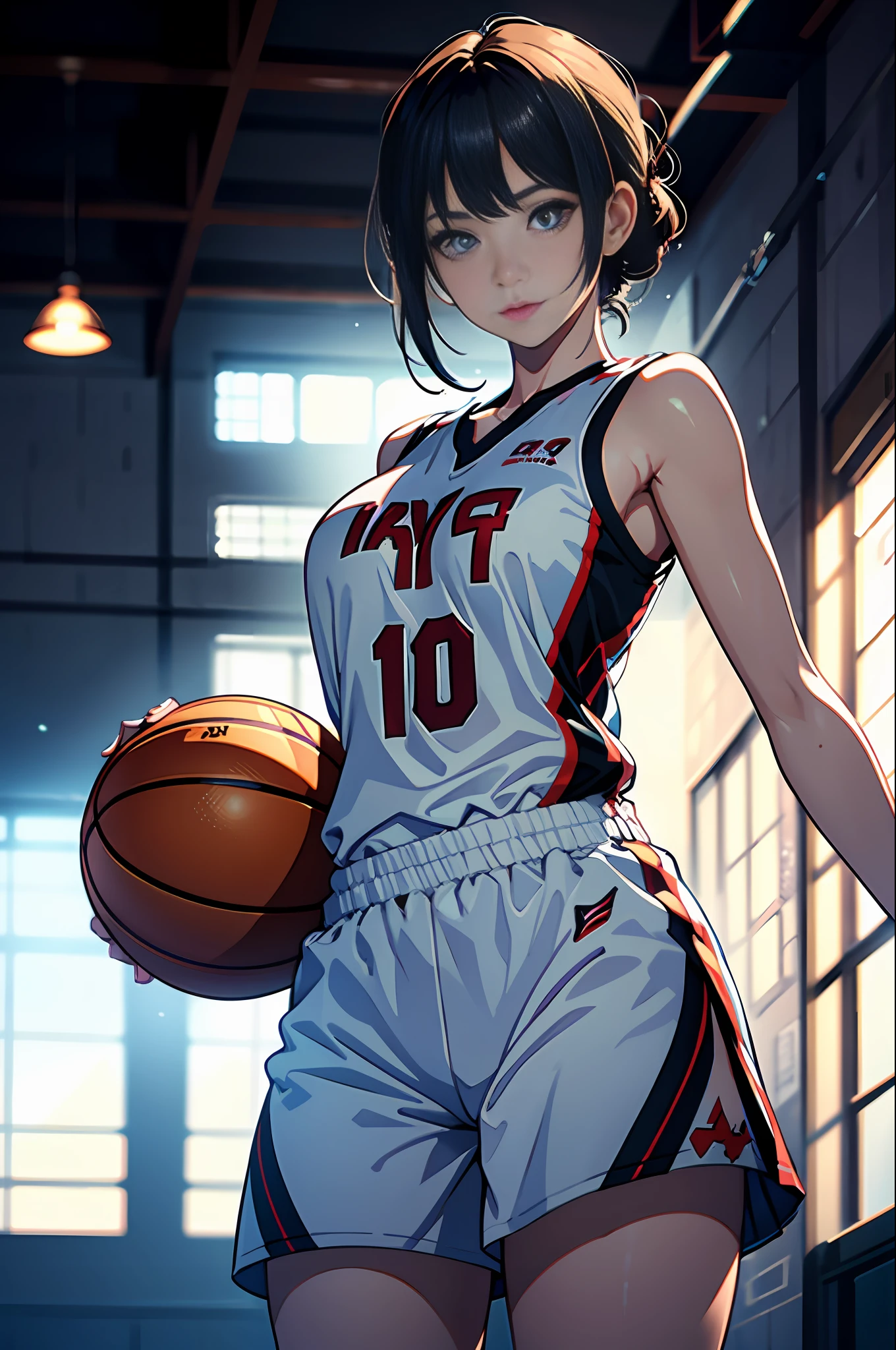 Anime girl with basketball uniform holding a basketball ball in a gym ...