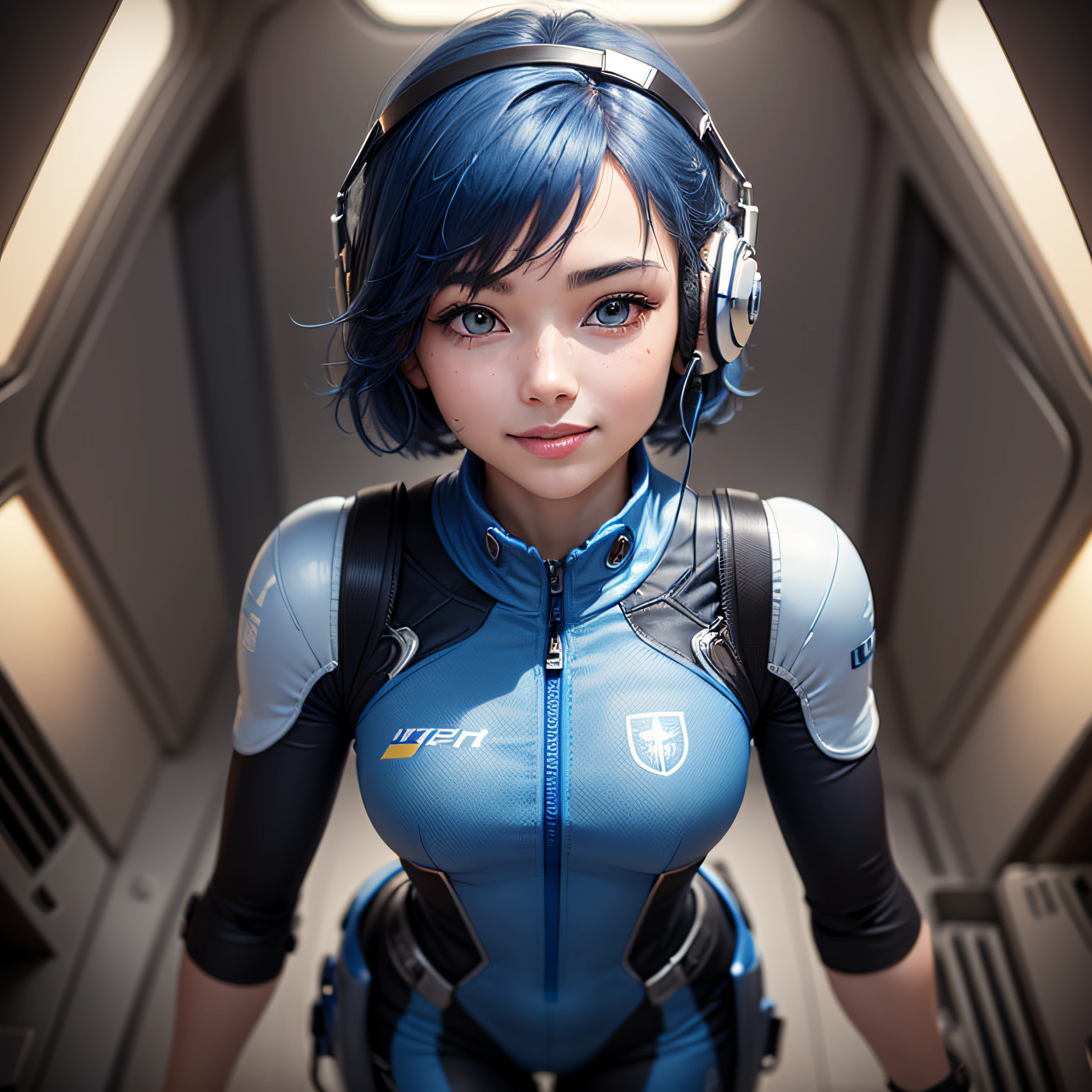 (masterpiece, highest quality, highest resolution, distinct_image, detailed details): (Solo, lone girl, face is Japan person, short cut, blue-haired girl, full body figure, (perfect body: 1.4), sparkly blue color eyes, pilot suit in white and blue color, tight fit clothes, clothes covering the whole body, very delicate and beautiful, detailed skin, slim body, exoskeleton, Gentle smile, heroine, headset, boots)