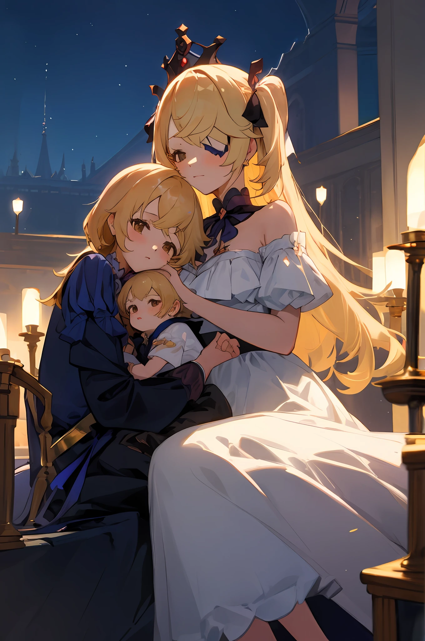 anime image of two women dressed in dress posing for a picture like princess clothing in summer, beautiful decoration on dress, palace a girl in palace, long hair, yellow haired , anime fantasy illustration, from the azur lane videogame, genshin, Royal Princess detailed art, two beautiful anime girls, mother and child, symbol of maternal love, mother and child, such as photos of mother and child, Embarrassed, royal castle, sitting in the palace, night, fireworks