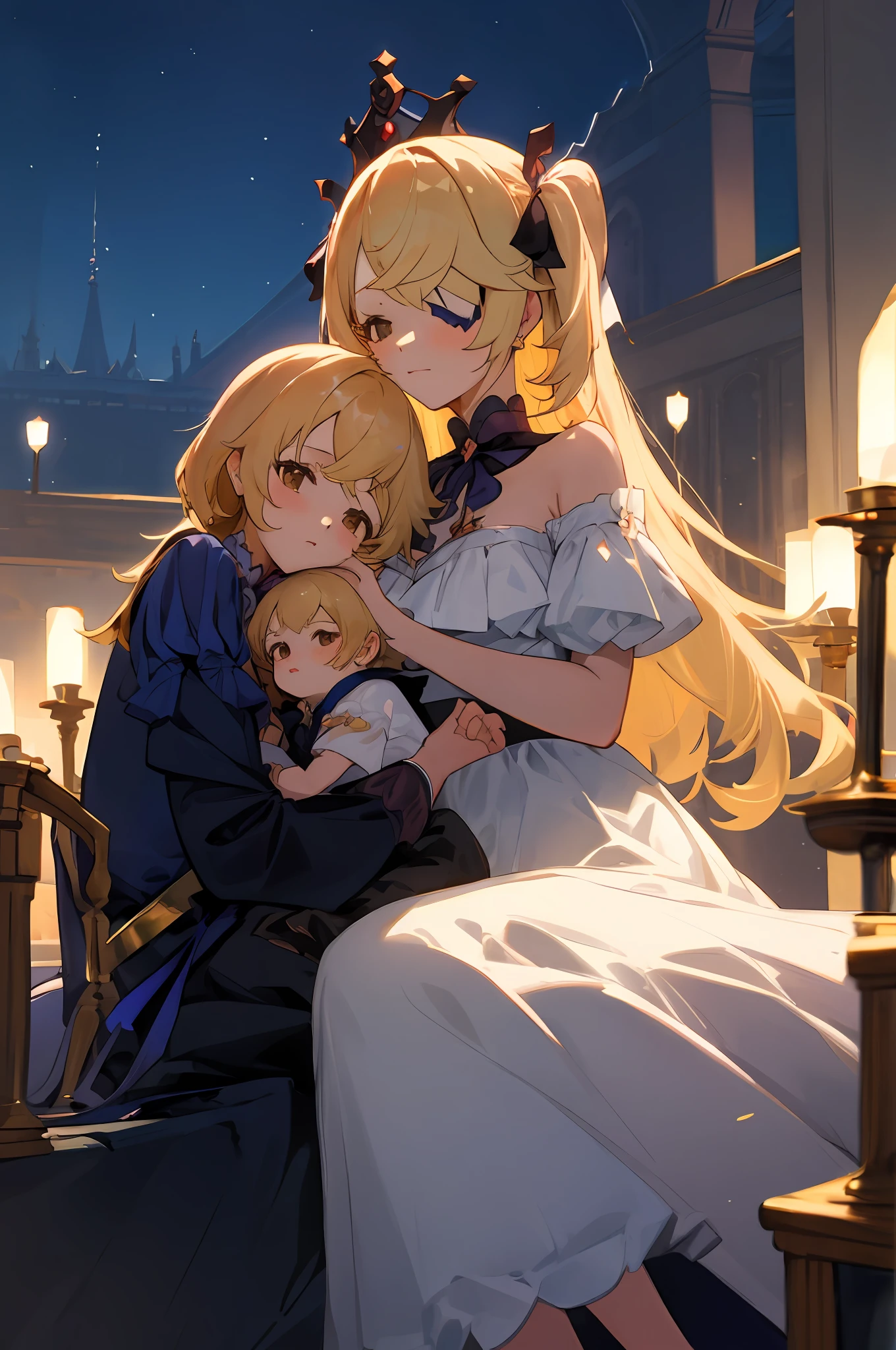 image animée de deux femmes vêtues d&#39;une robe posant pour une photo comme des vêtements de princesse en été, belle décoration sur la robe, palais une fille au palais, cheveux longs, cheveux jaunes , Illustration fantastique d&#39;anime, du jeu vidéo Azur Lane, Genshin, Art détaillé de la princesse royale, Deux belles filles d&#39;anime, Mère et l&#39;enfant, symbole de l&#39;amour maternel, Mère et l&#39;enfant, such as photos of Mère et l&#39;enfant, gêné, château royal, assis dans le palais, nuit, feux d&#39;artifice