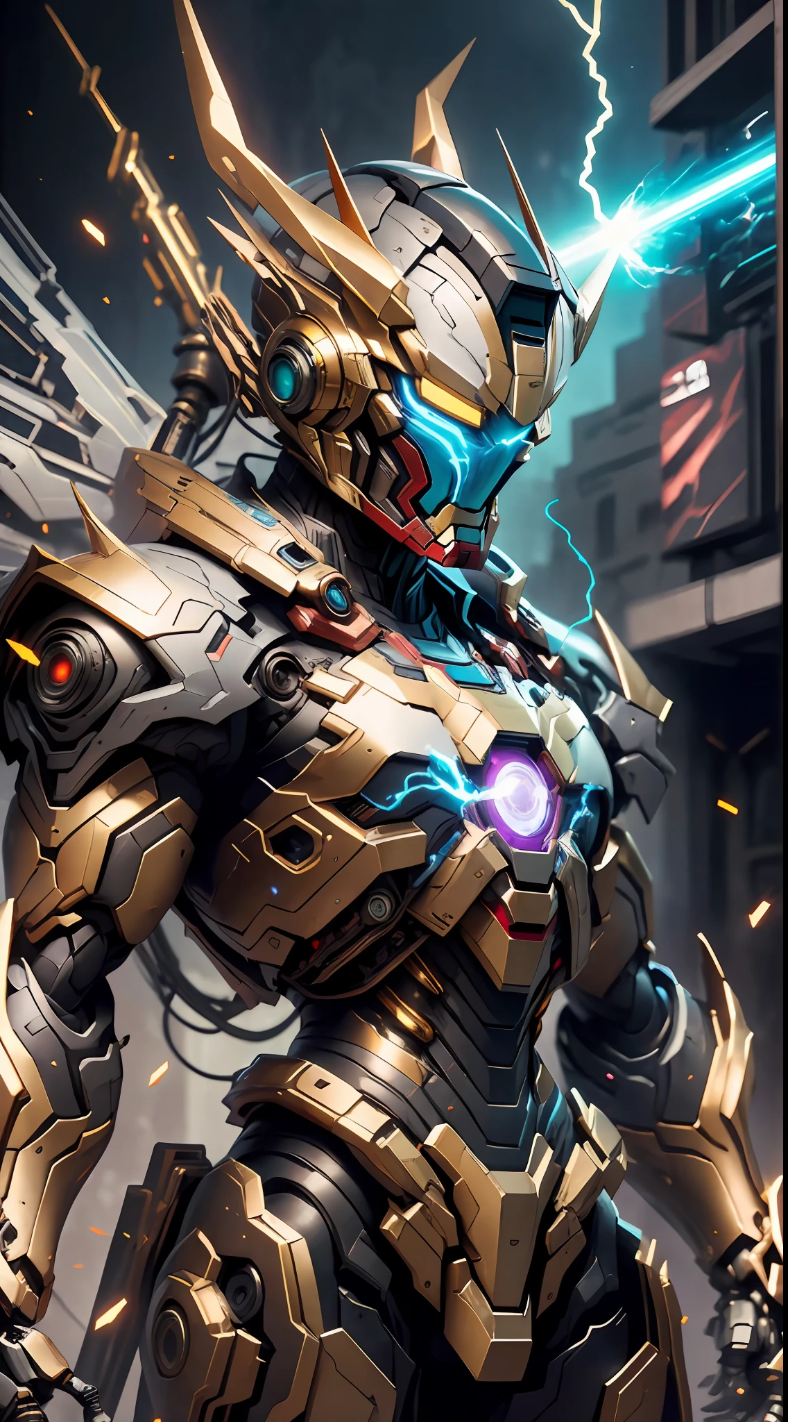 Golden Saint Seiya Limb Armor, Marvel Movie Iron Man Breastplate, (Gundam 00 Gundam Exia: 1.5), (Mecha) (Mechanical) (Armor), (Open Leg: 1.3), Perfect, (Wide Angle), (Black Background: 1.6), Best Quality, Masterpiece, Cyberpunk Style, Human Face Helmet, Super Resolution, (Reality: 1.4), 1boy, Broad Shoulders, Cold Eyes, Crazy Details, Unrealistic Engine Style, Boca Effect, David La Chapelle style lens, bioluminescent color palette: light blue, light gold, bright white, light black, wide angle, ultra-fine, cinematic still life, vibrant, Sakimichan style, perfect eyes, highest image quality 8K, inspired by Harry Winston, Canon EOS R 6 shooting masterpiece "Chaos 50,--, Under eye mole, ray tracing, surrealism, textured skin, metallic sheen, facing the audience, lightning and lightning night, laser weapon in hand, particle reflection, Perfect proportions,