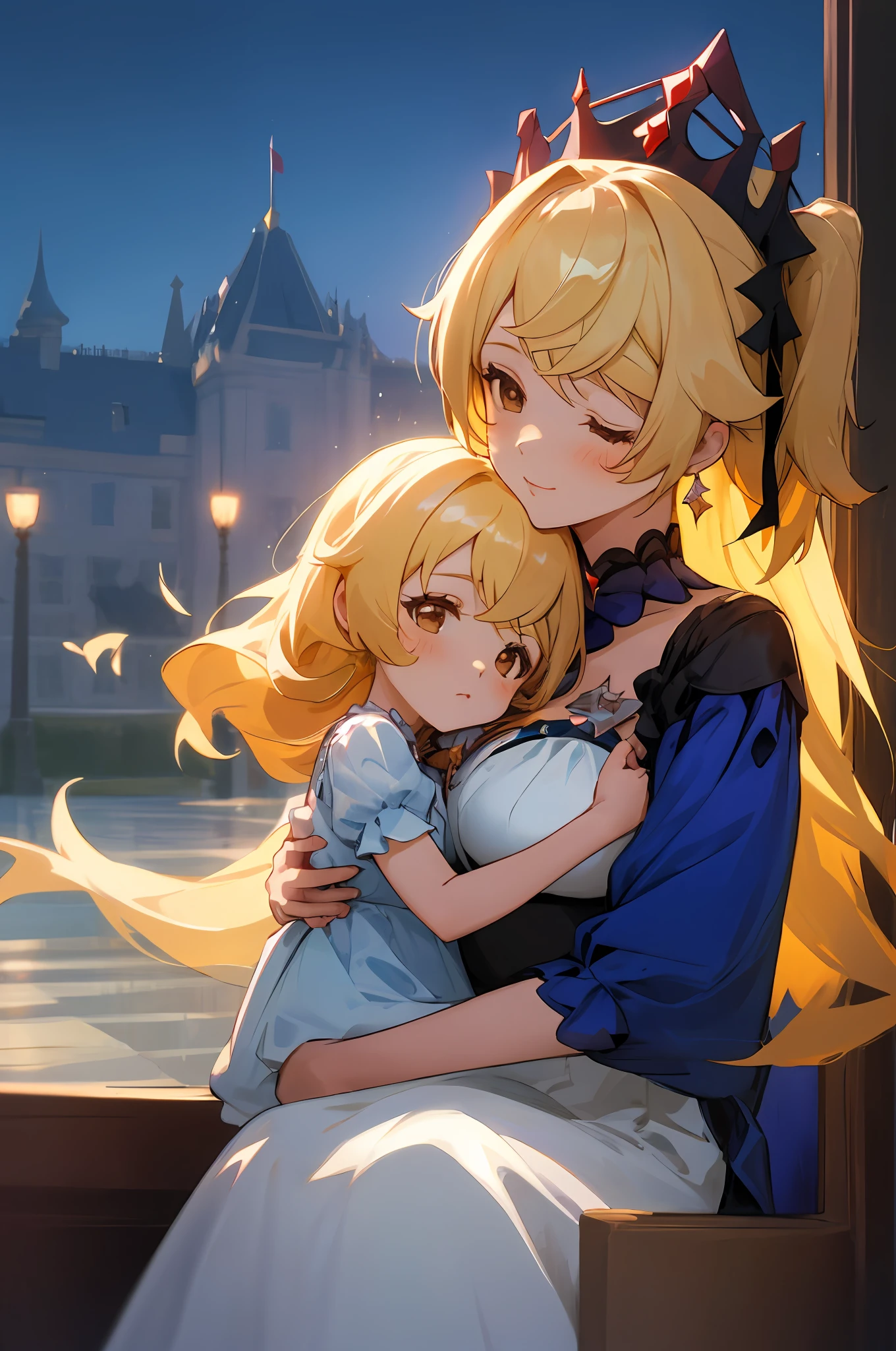 Imagem de anime de duas mulheres vestidas de vestido posando para uma foto como roupas de princesa no verão, linda decoração no vestido, palácio uma menina no palácio, cabelo longo, cabelos amarelos , ilustração de fantasia de anime, do videogame azur lane, genshin, Arte detalhada da princesa real, duas lindas garotas de anime, mãe e filho, símbolo do amor materno, mãe e filho, such as photos of mãe e filho, envergonhado, Castelo Real, sentado no palácio, noite, fogos de artifício