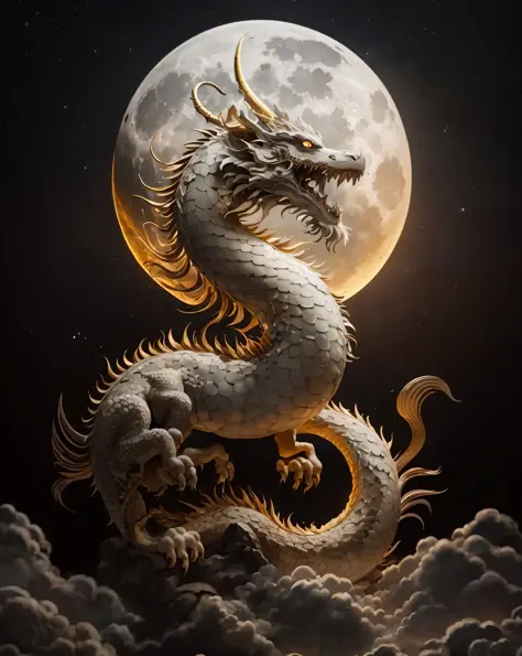 a close up of a dragon on a cloud with a full moon in the background, smooth chinese dragon, loong, dragon art, a dragon made of clouds, god of dragons, golden dragon, chinese dragon concept art, lung dragon, chinese dragon, dragon centered, chinese fantas...