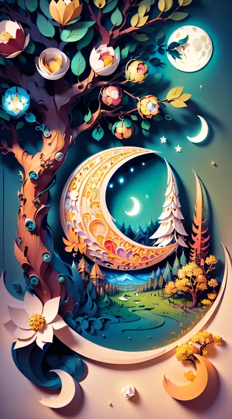 (((((((masterpiece))), better quality, illustrations, beautiful details shine,
paper_cut, details, tree, moon, colorful, cheerful