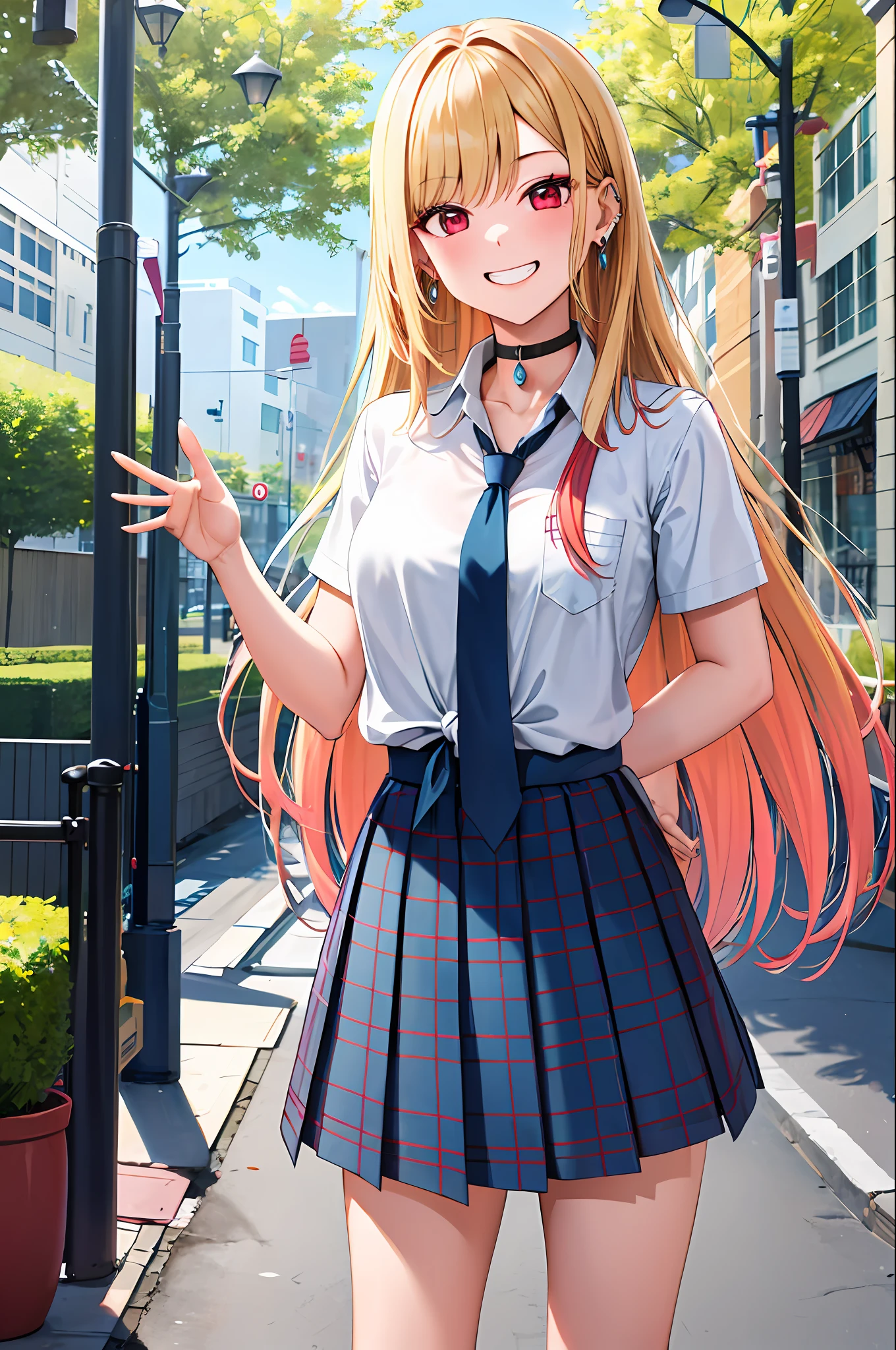 masterpiece, best quality, highres, kitagawa marin, 1girl, blonde hair, long hair, multicolored hair, red eyes, jewelry, earrings, piercing, school uniform, white shirt, tied shirt, black choker, blue necktie, plaid skirt, grin, smile, standing, cowboy shot, outdoors,