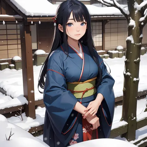 28-year-old blind Japanese woman, long dark blue hair, humble kimono calm posture, snow background, humble house of feudal Japan