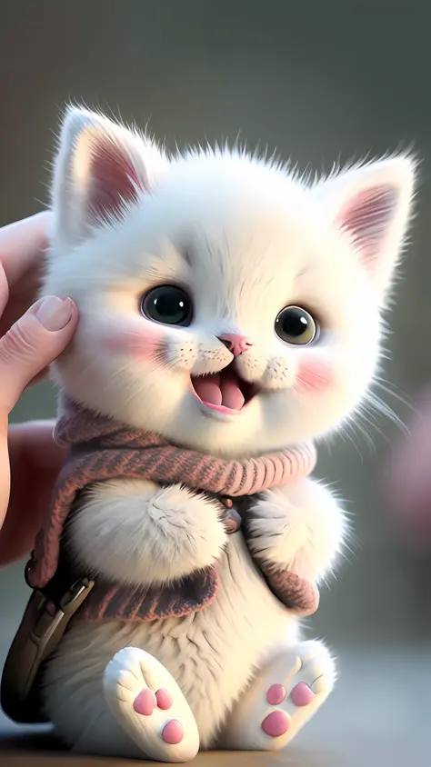 Kitten, realistic, furry animal, little ears, blush, cherry, funny, open mouth, laugh, Morandi color, right, kitten!!