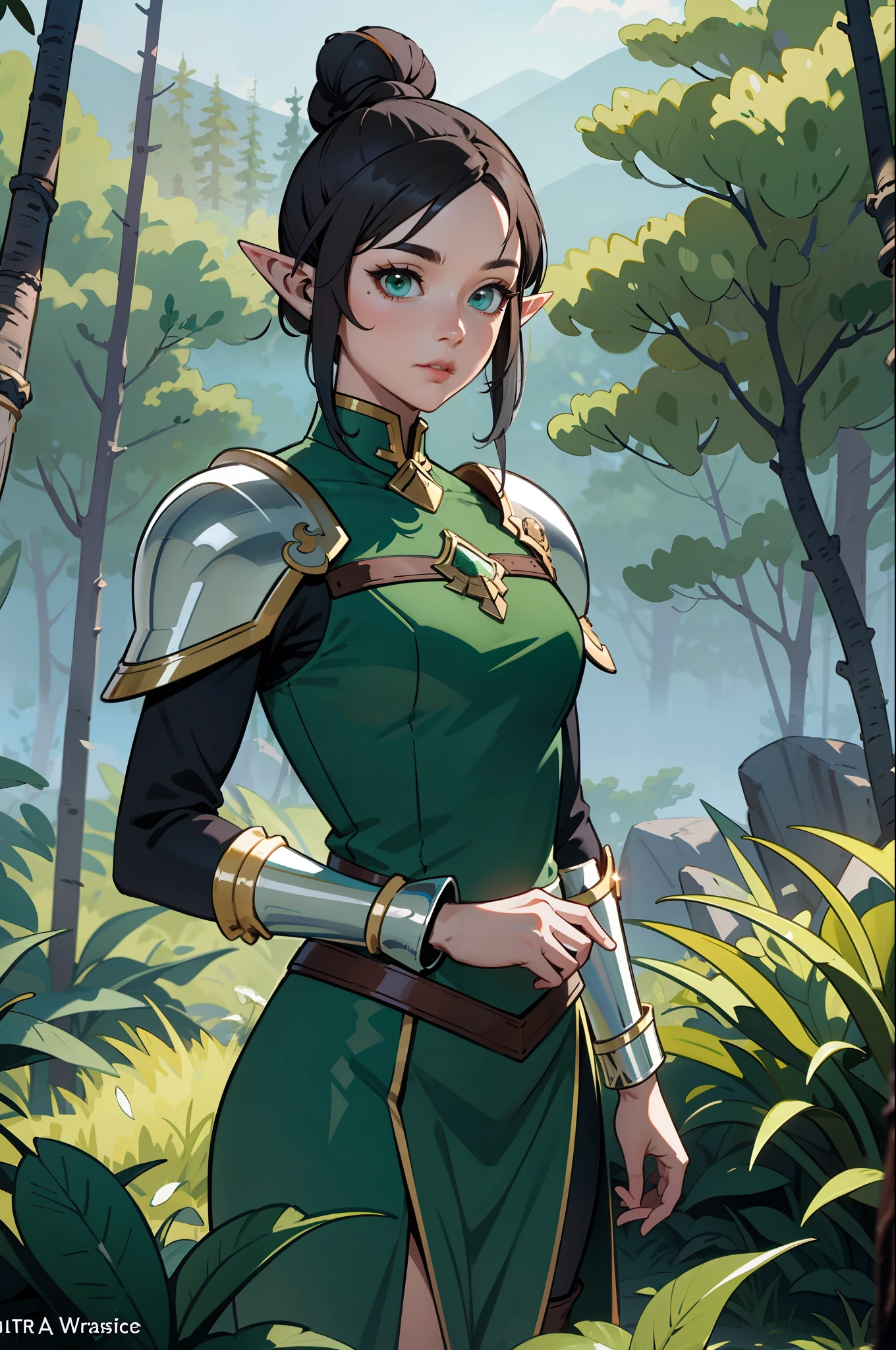 (masterpiece, best_quality, ultra-detailed, immaculate: 1.3), epic, illustration, elf mountain desert warrior lord, armor, dark hair, ((colored hair)), very long hair, in a lush spring forest, bombshell hair, shiny hair with green sea highlights, Bob Flapper, hair bun, dense forest