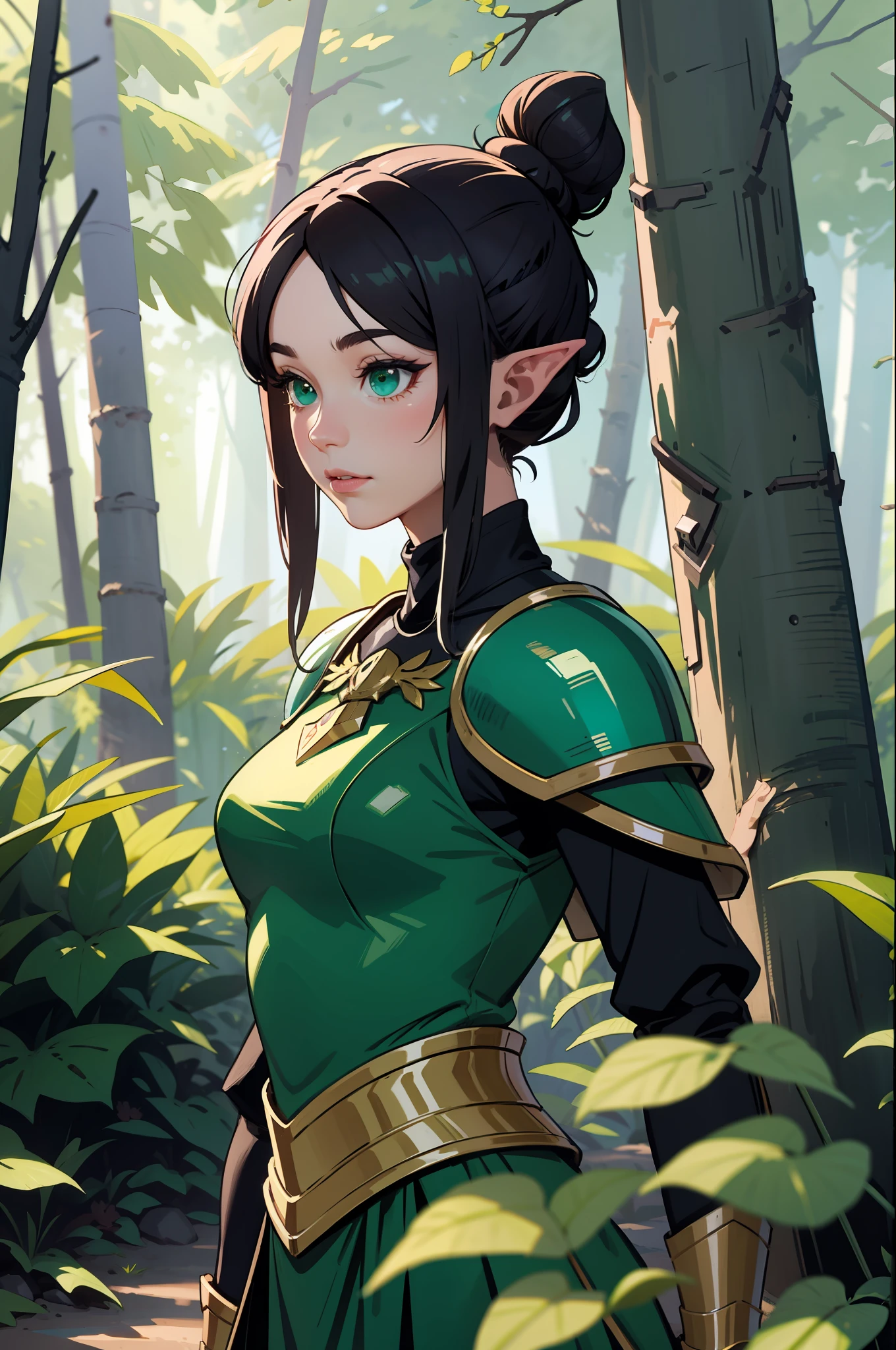 (masterpiece, best_quality, ultra-detailed, immaculate: 1.3), epic, illustration, elf mountain desert warrior lord, armor, dark hair, ((colored hair)), very long hair, in a lush spring forest, bombshell hair, shiny hair with green sea highlights, Bob Flapper, hair bun, dense forest