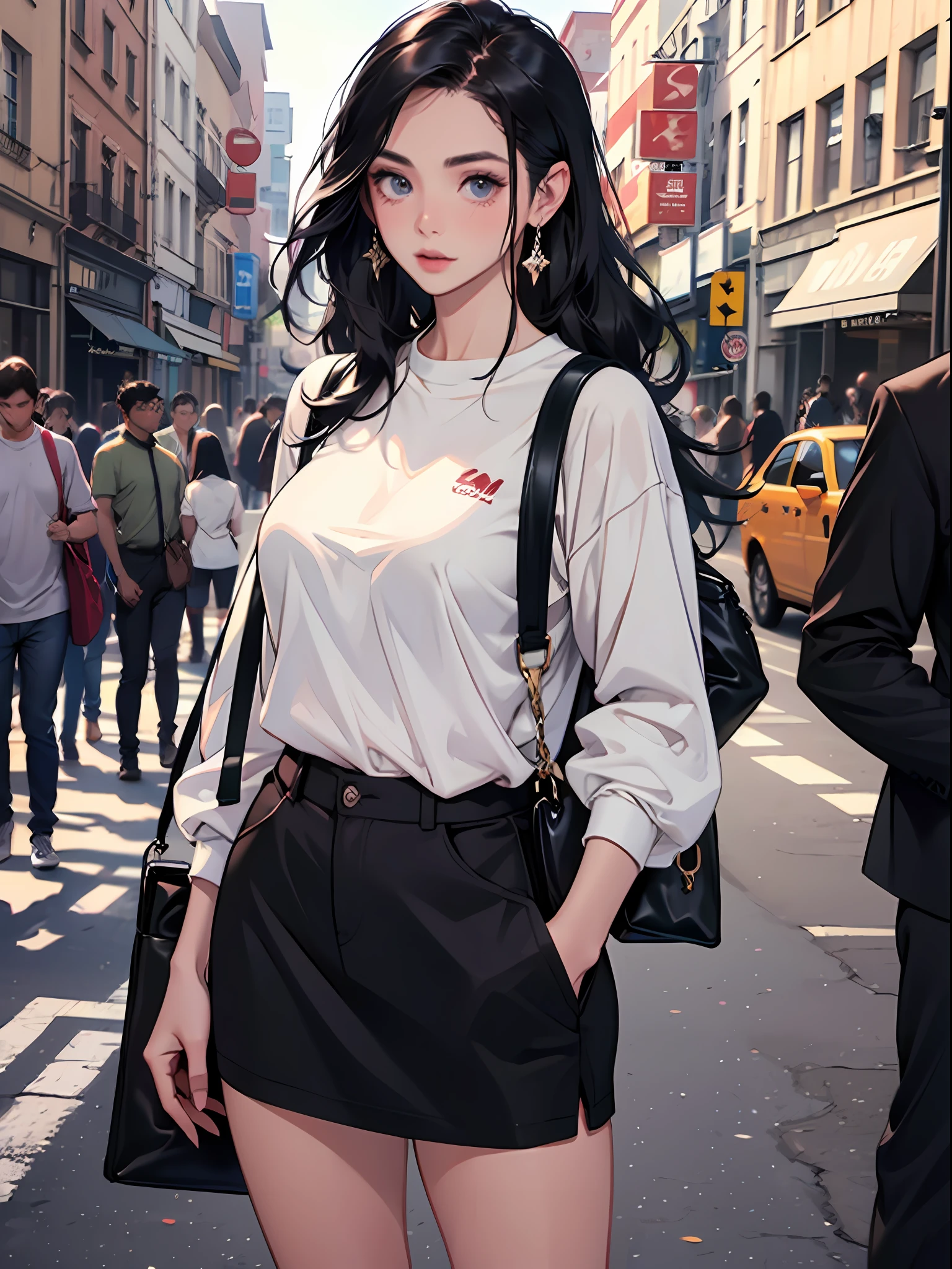 Young woman 25 years: 1.3, Long black hair: 1.2, Casual wear: 1.2, Daytime: 1.2, On the street: 1.2, Film lighting, Surrealism, UHD, ccurate, Super detail, textured leather, slightly tanned skin, dark eyes, High detail, Best quality, 8k