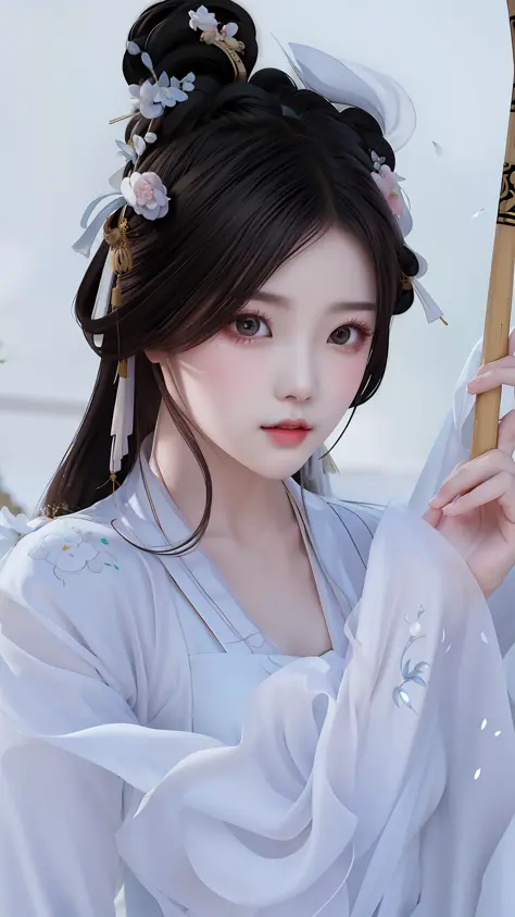 a close up of a woman in a white dress holding a bamboo stick, palace ， a girl in hanfu, white hanfu, traditional beauty, chines...