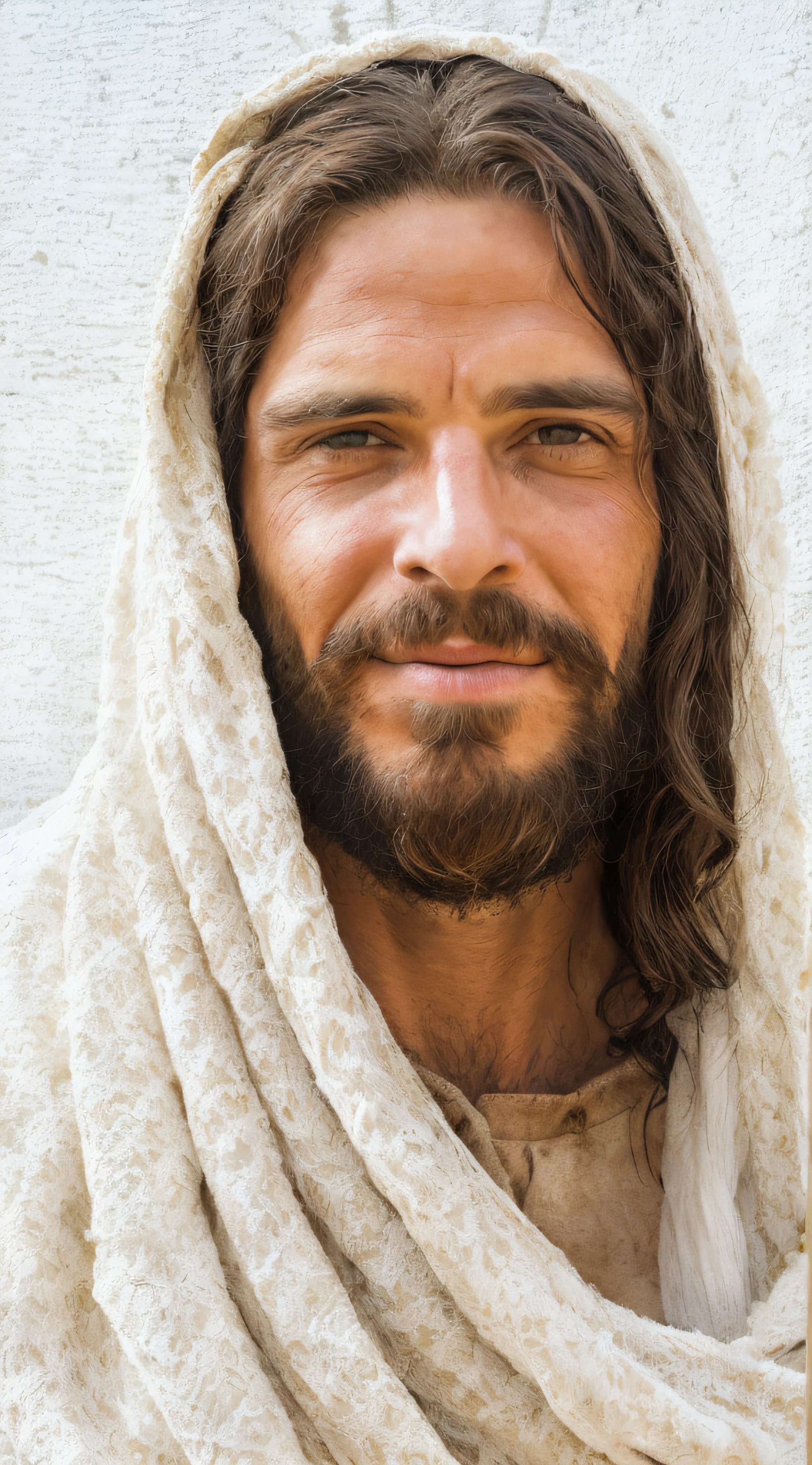 arafed man with a beard and a white shawl on his head, jesus christ, dressed like jesus christ, jesus of nazareth, jesus face, greg olsen, jesus, nicodemus, portrait of jesus christ, the lord and savior, he is greeting you warmly, pontifex, gigachad jesus, christian saint, one of the weavers of destiny