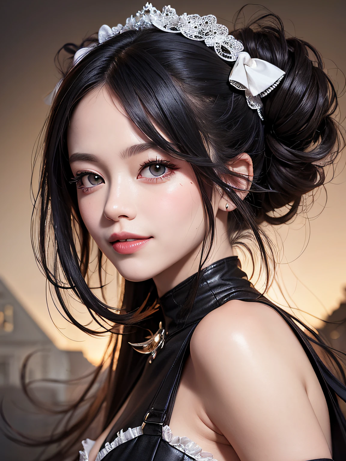 black hair, hair bobbles, longeyelashes, solid circle eyes, light smile, multiple hair bows, Surrealism, drop shadow, dutch angle, 8k, super detail, ccurate, best quality