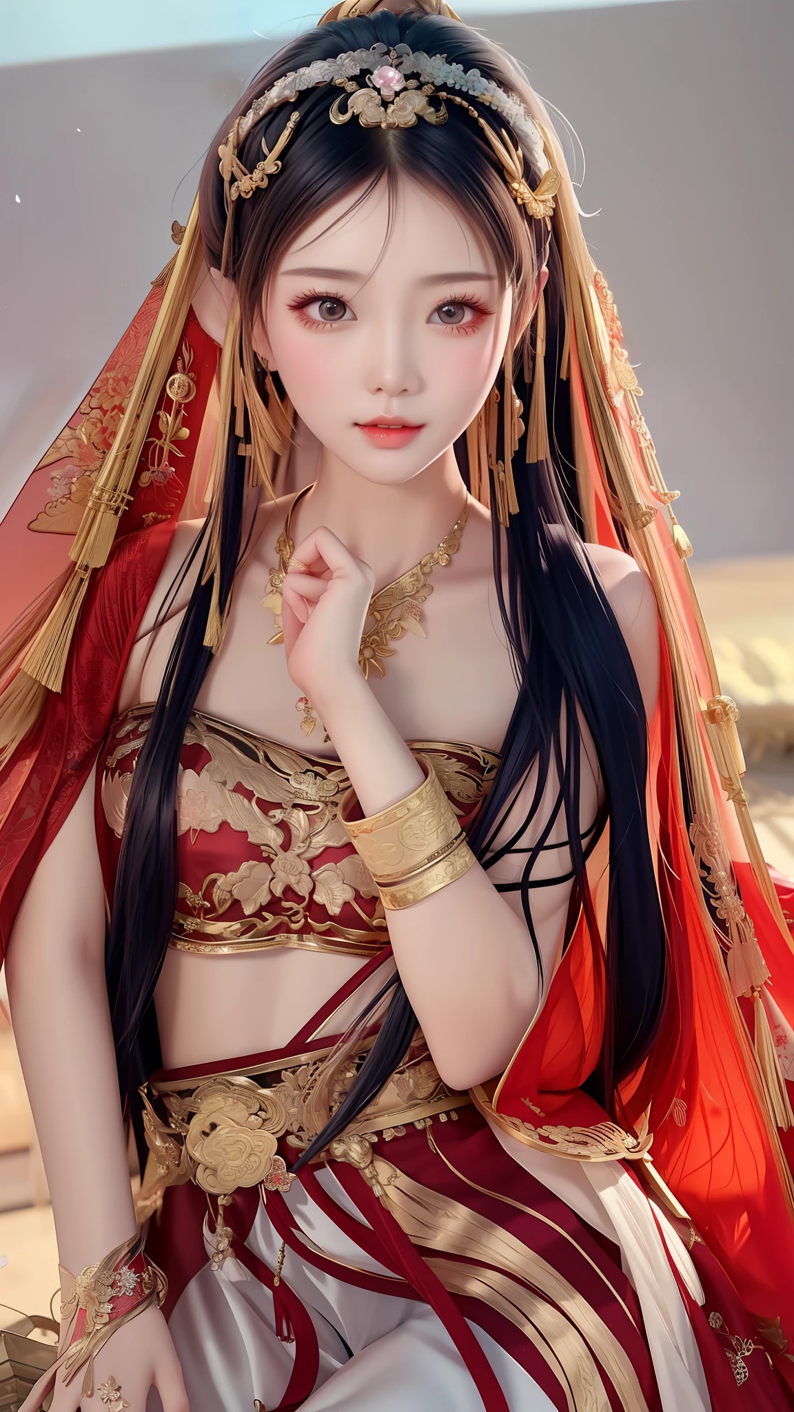 a close up of a woman in a red and gold outfit, traditional beauty, beautiful oriental woman, a beautiful fantasy empress, ((a beautiful fantasy empress)), chinese girl, chinese woman, beautiful fantasy maiden, beautiful maiden, asian woman, chinese princess, aesthetic!!!!!! female genie, lovely bohemian princess, asian girl, palace ， a girl in hanfu, beautiful asian girl