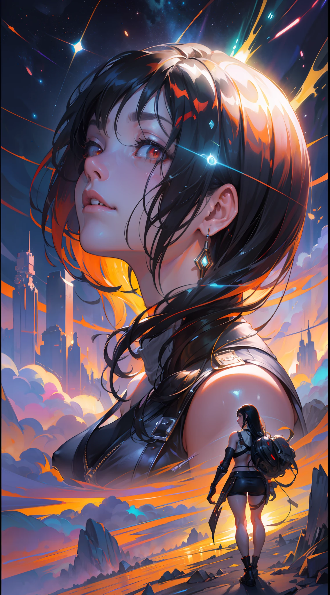 tifa ff7, huile sur toile mate, Détails pointus, l&#39;étendue paysage spatial scifi colonie de Cérès, complexe, très détaillé, peinture numérique, couleur riche, lisse, netteté, illustration, moteur irréel 5, 8k, art par artgerm et greg rutkowski et alphonse mucha