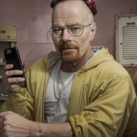 Walter White (breaking bad) holding a cell phone in his hand, glasses, beard, apple, apple phone, iphone, apple cell phone, confident smile, inpirador,