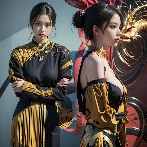 An evocative profile of a model showcasing a Balenciaga ensemble, their shadow casting an enigmatic Chinese dragon silhouette. S...