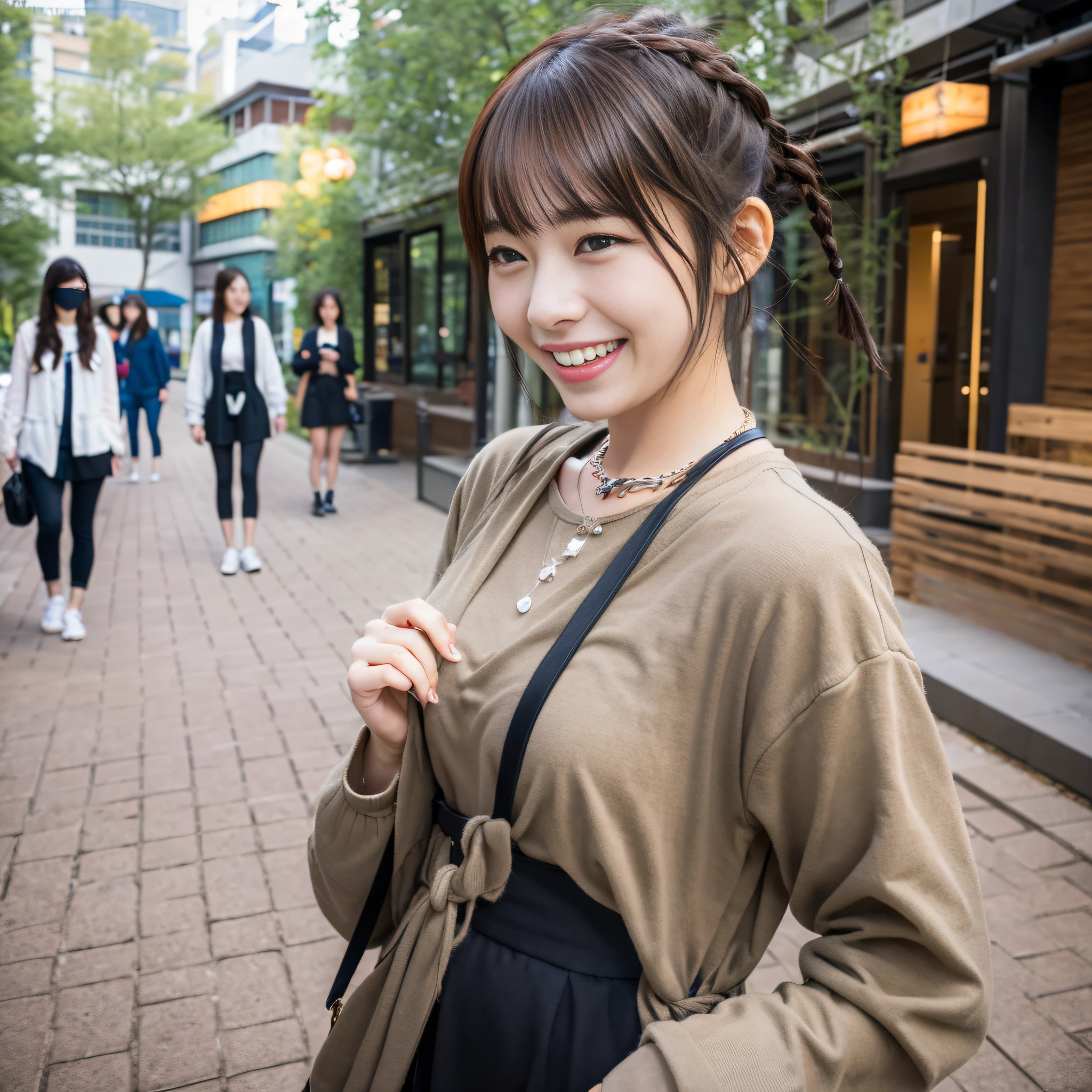 Urban Oasis Park, One Japan Girl, Laughing with White Teeth, Conversing with Female Friends, Necklace, Long False Eyelashes, Strolling, Brown Hair, Bangs, Braided Ponytail, Surrealism, Verism, Movie Lighting, First Person View, Sony FE GM, f/16, UHD, Anatomically Correct, Masterpiece, High Definition, 16k