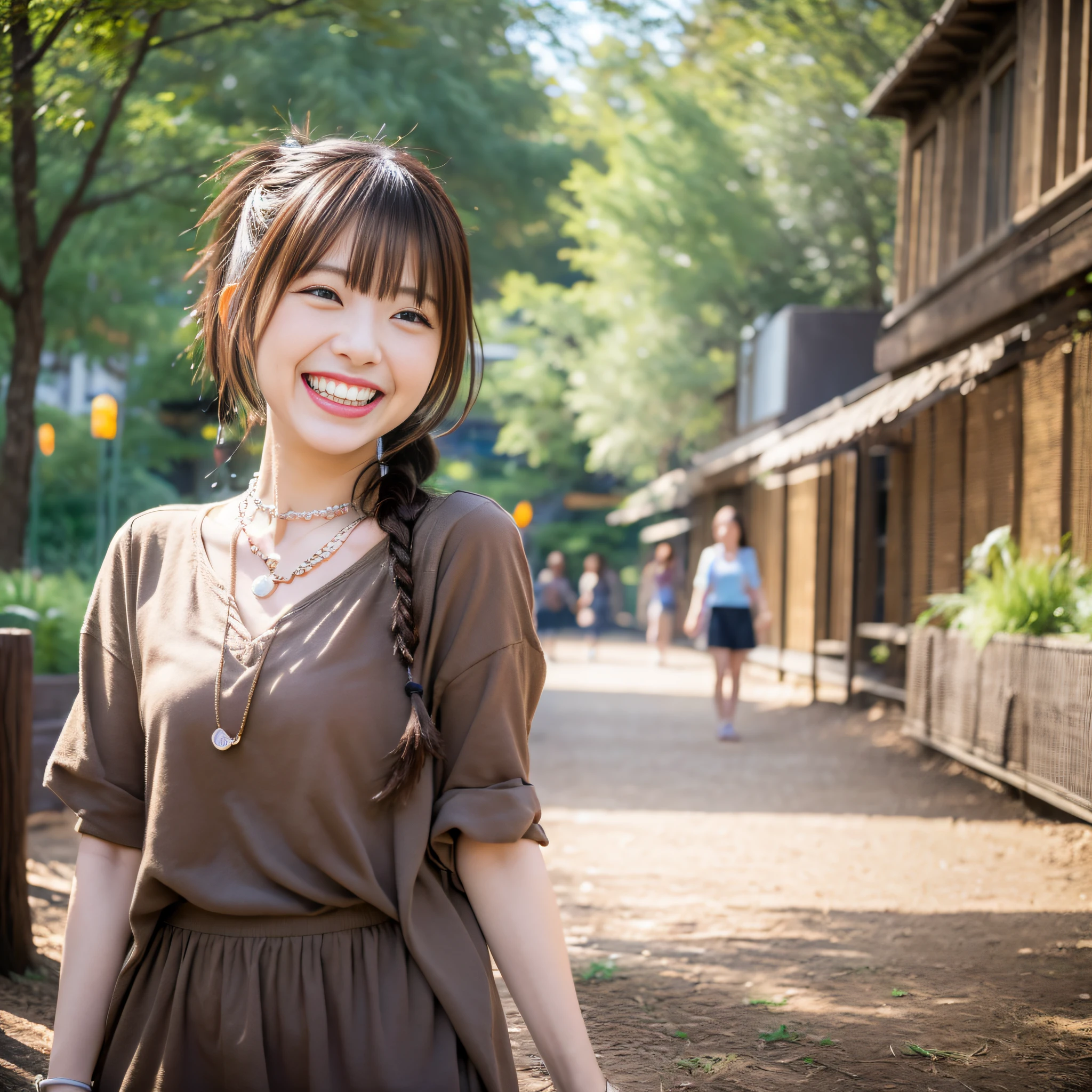 Urban Oasis Park, One Japan Girl, Laughing with White Teeth, Conversing with Female Friends, Necklace, Long False Eyelashes, Strolling, Brown Hair, Bangs, Braided Ponytail, Surrealism, Verism, Movie Lighting, First Person View, Sony FE GM, f/16, UHD, Anatomically Correct, Masterpiece, High Definition, 16k