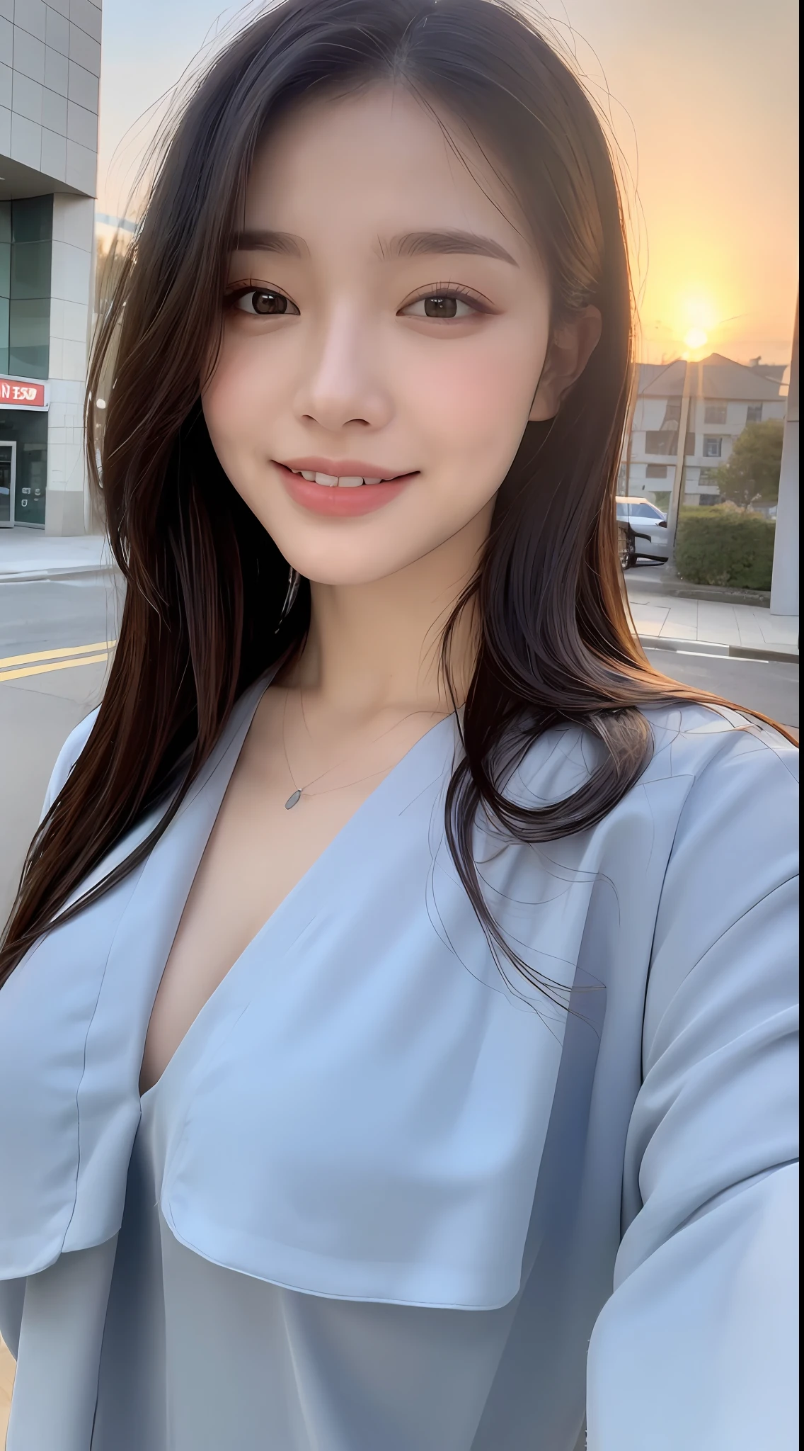 ((Top Quality, 8K, Masterpiece: 1.3)), Focus: 1.2, Perfect Beauty: 1.4, Butt: 1.2, ((Layered Hairstyle, Breasts: 1.2)), (Wet Clothes: 1.1), (Sunset, Street: 1.3), Halfway Dress: 1.1, Highly Detailed Face and Skin Texture, Narrow Eyes, Double Eyelids, Whitening Skin, Long Hair, (Shut Up: 1.3), Smile, Beauty Unreal