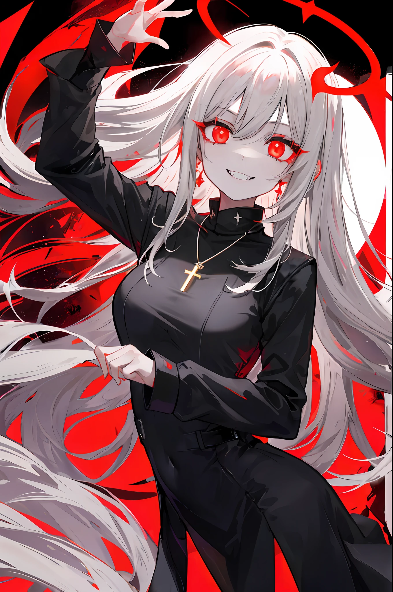 1girl, (scary), angel, gorgeos, (red halo), dark, glowing eyes, red eyes, angel wings, glowing pendant, holy, sensual, black tunic, feathers, confident, smile, expressive eyes, collofull eyes, contrast, shadows, masterpiece, digital art, glowing eyes, intimidating, corrupted, demonic, red moon, abstract, feelings