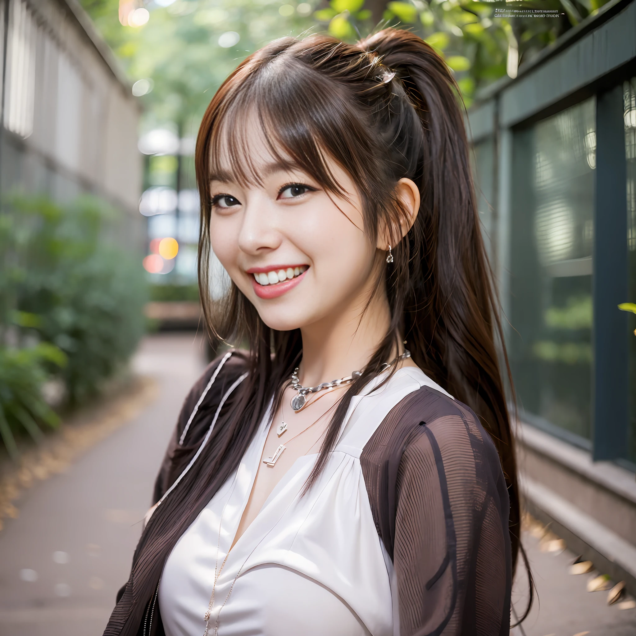 Urban Oasis Park, One Japan Girl, Laughing with White Teeth, White Dress, Conversing with Female Friends, Necklace, Long False Eyelashes, Strolling, Brown Hair, Bangs, Braided Ponytail, Surrealism, Verism, Movie Lighting, First Person View, Sony FE GM, f/16, UHD, Anatomically Correct, Masterpiece, High Resolution, 16k