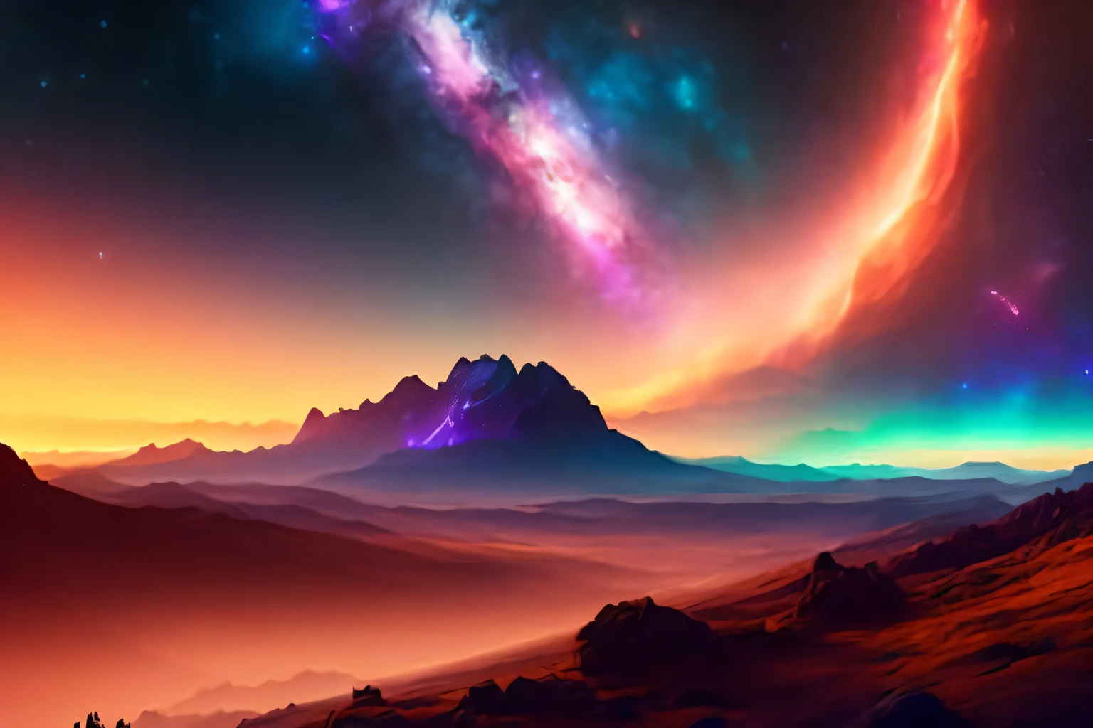 ChromaV5, nvinkpunk,(extrem detailliertes CG Unity 8k-Hintergrundbild), Eine Landschaft eines kosmischen Himmels, Nebel, Kosmos,galaxy,schwarzes Loch,preisgekrönte Fotografie, Chromatische Abweichung, ausführlich , HDR, blühen ,Trends auf Artstation, Trends bei CGSociety, Kunst von Midjourney