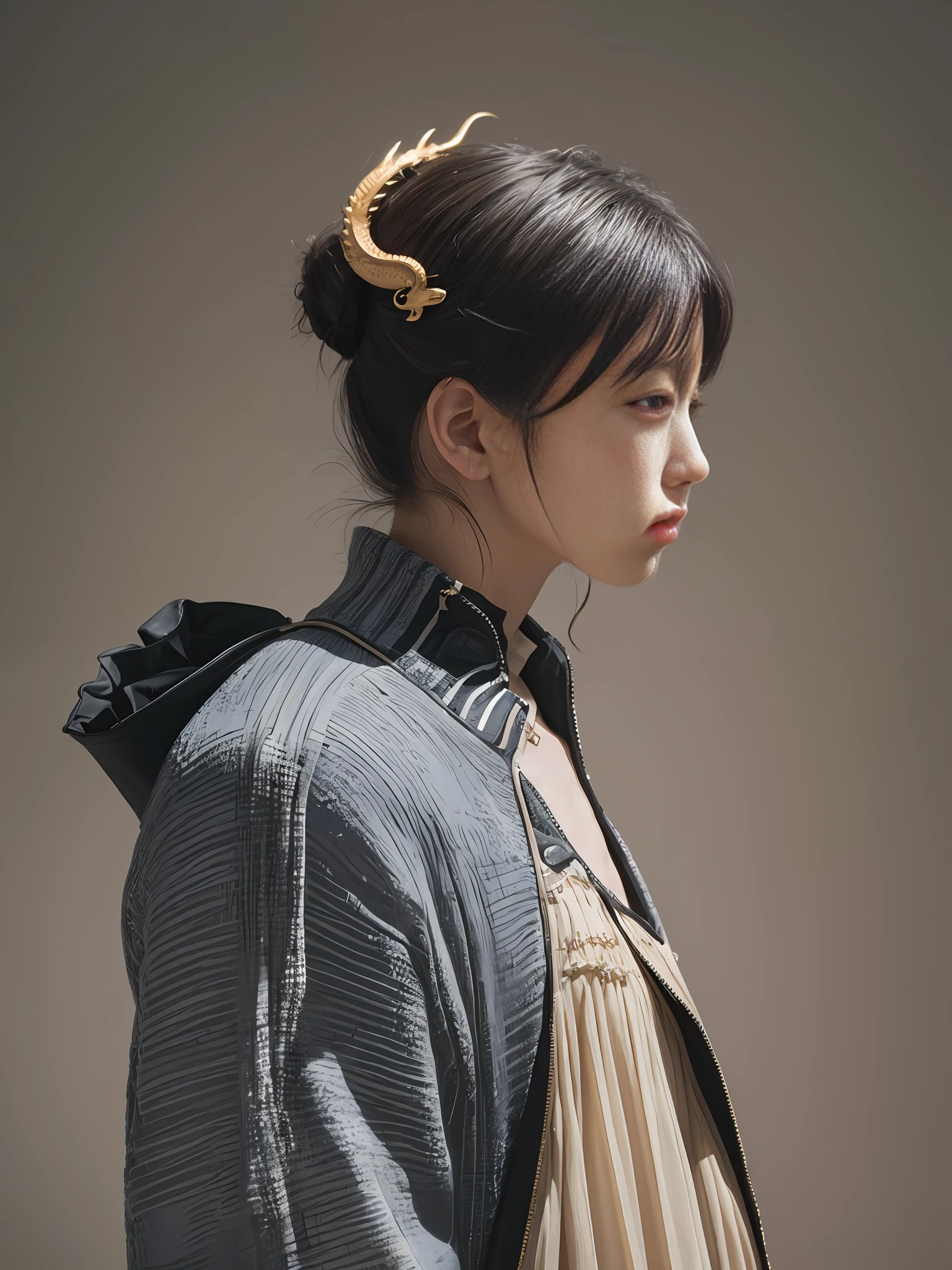 Ein eindrucksvolles Profil eines Models, das ein Ensemble von Balenciaga präsentiert, ihr Schatten wirft eine rätselhafte chinesische Drachensilhouette. Shot für Dazed & Verwirrt von Jamie Hawkesworth, Das Zusammenspiel von Licht und Schatten erforschen --ar 9:16 50 --Stil roh --s 2