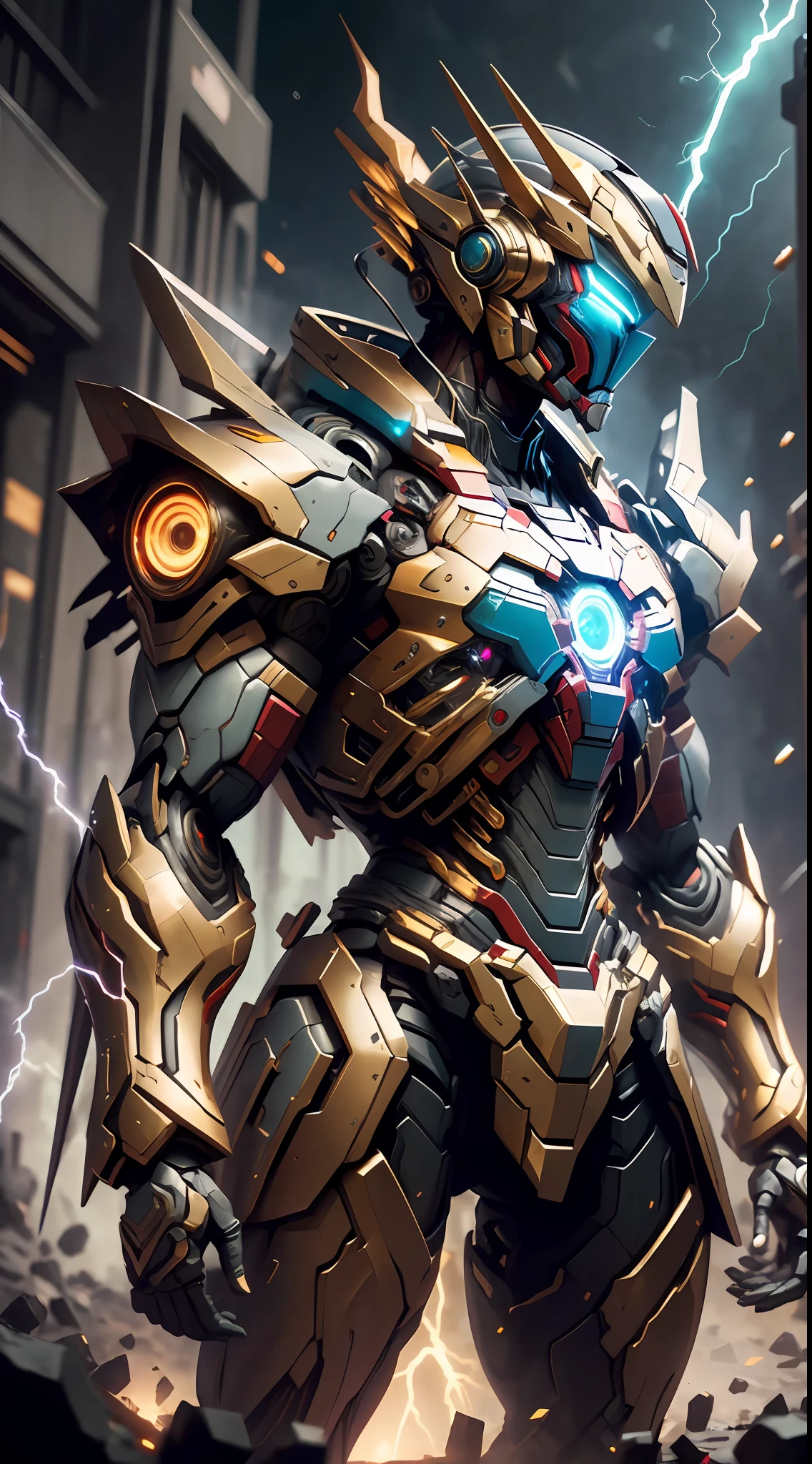 Golden Saint Seiya Limb Armor, Marvel Movie Iron Man Breastplate, (Gundam 00 Gundam Exia: 1.5), (Mecha) (Mechanical) (Armor), (Open Leg: 1.3), Perfect, (Wide Angle), (Black Background: 1.6), Best Quality, Masterpiece, Cyberpunk Style, Human Face Helmet, Super Resolution, (Reality: 1.4), 1boy, Broad Shoulders, Cold Eyes, Crazy Details, Unrealistic Engine Style, Boca Effect, David La Chapelle style lens, bioluminescent color palette: light blue, dark gold, bright white, gloss black, wide angle, ultra-fine, cinematic still life, vibrant, Sakimichan style, perfect eyes, highest image quality 8K, inspired by Harry Winston, Canon EOS R 6 masterpiece "Chaos 50,--, Mole under eyes, ray tracing, surrealism, textured skin, metallic sheen, looking at the audience, lightning and lightning night, laser weapon in hand, particle reflection, Perfect composition,