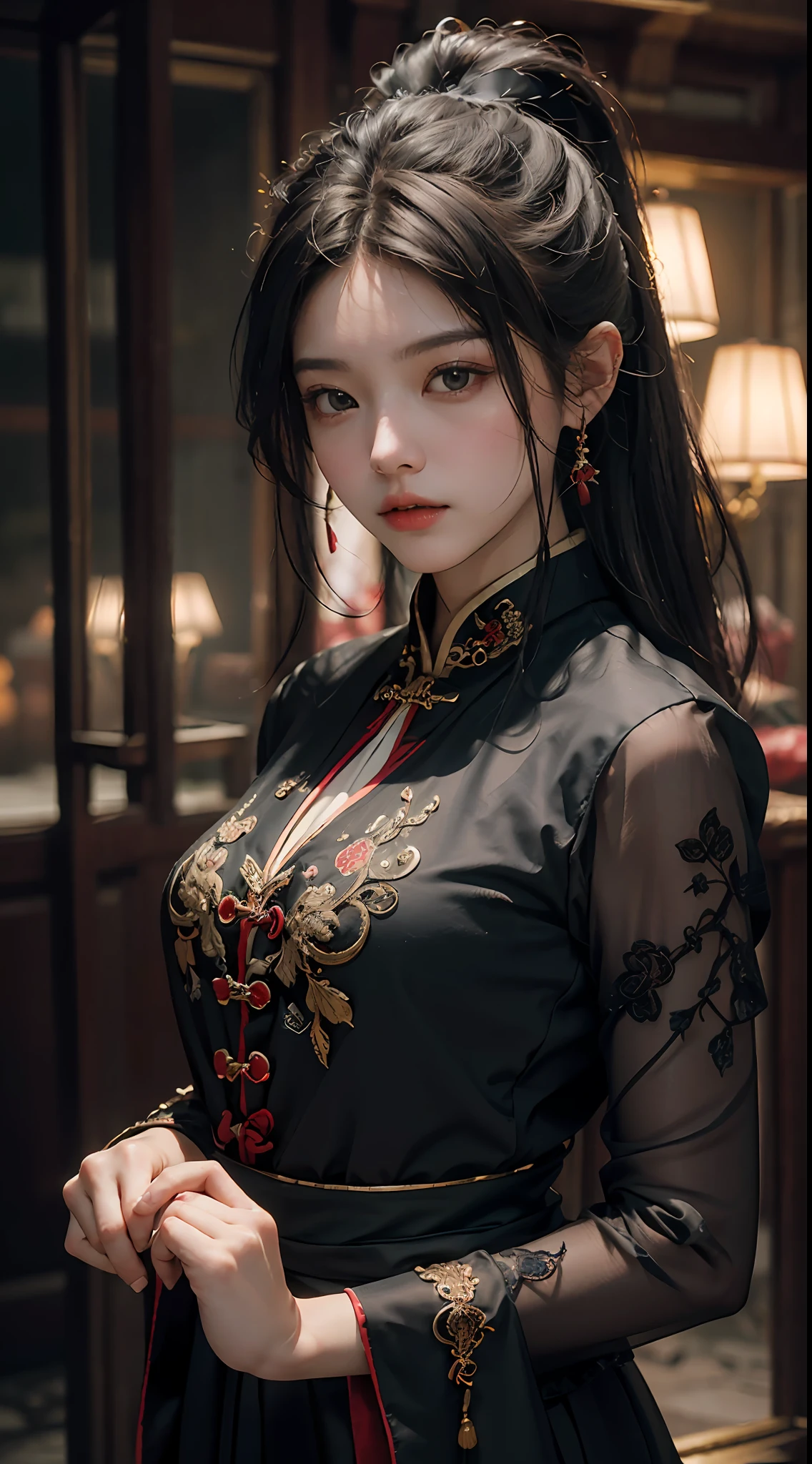 Best quality, (RAW photo: 1.2), (Masterpiece: 1.4), (Realism: 1.4), (High resolution: 1.4), Chinese actress Guli Naza, depth of field, intricate details, 8k, very detailed, perfect lighting, epic background, black tang costume