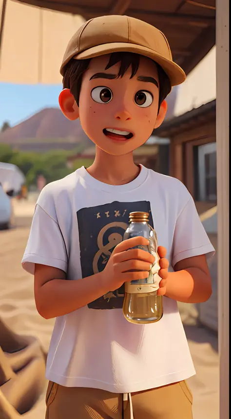 a 12 year old boy named Mike, wearing a white T-shirt, cap, brown shorts, flip flops, holds an antique bottle in his hands, surp...