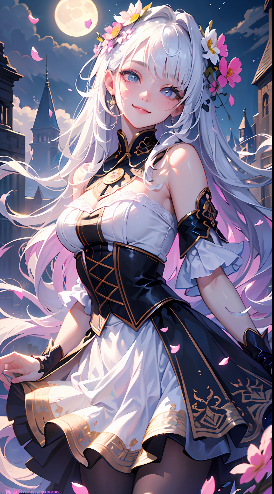 masterpiece, best quality, 1girl, (colorful),(finely detailed beautiful eyes and detailed face),cinematic lighting,bust shot,extremely detailed CG unity 8k wallpaper,white hair,solo,smile,intricate skirt,((flying petal)),(Flowery meadow) sky, cloudy_sky, building, moonlight, moon, night, dark theme, light, fantasy,