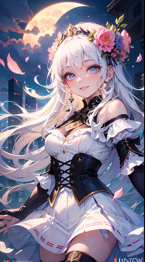 masterpiece, best quality, 1girl, (colorful),(finely detailed beautiful eyes and detailed face),cinematic lighting,bust shot,extremely detailed CG unity 8k wallpaper,white hair,solo,smile,intricate skirt,((flying petal)),(Flowery meadow) sky, cloudy_sky, building, moonlight, moon, night, dark theme, light, fantasy,