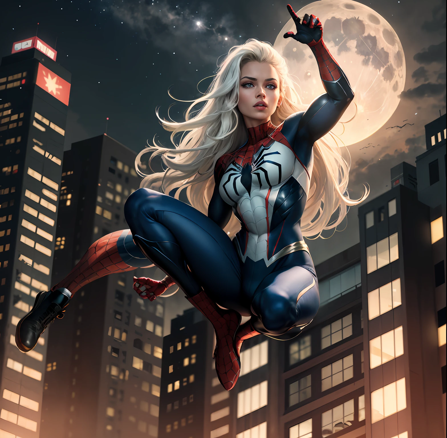 Spider - Woman In A Full Body Suit Flying Over A City - Seaart Ai