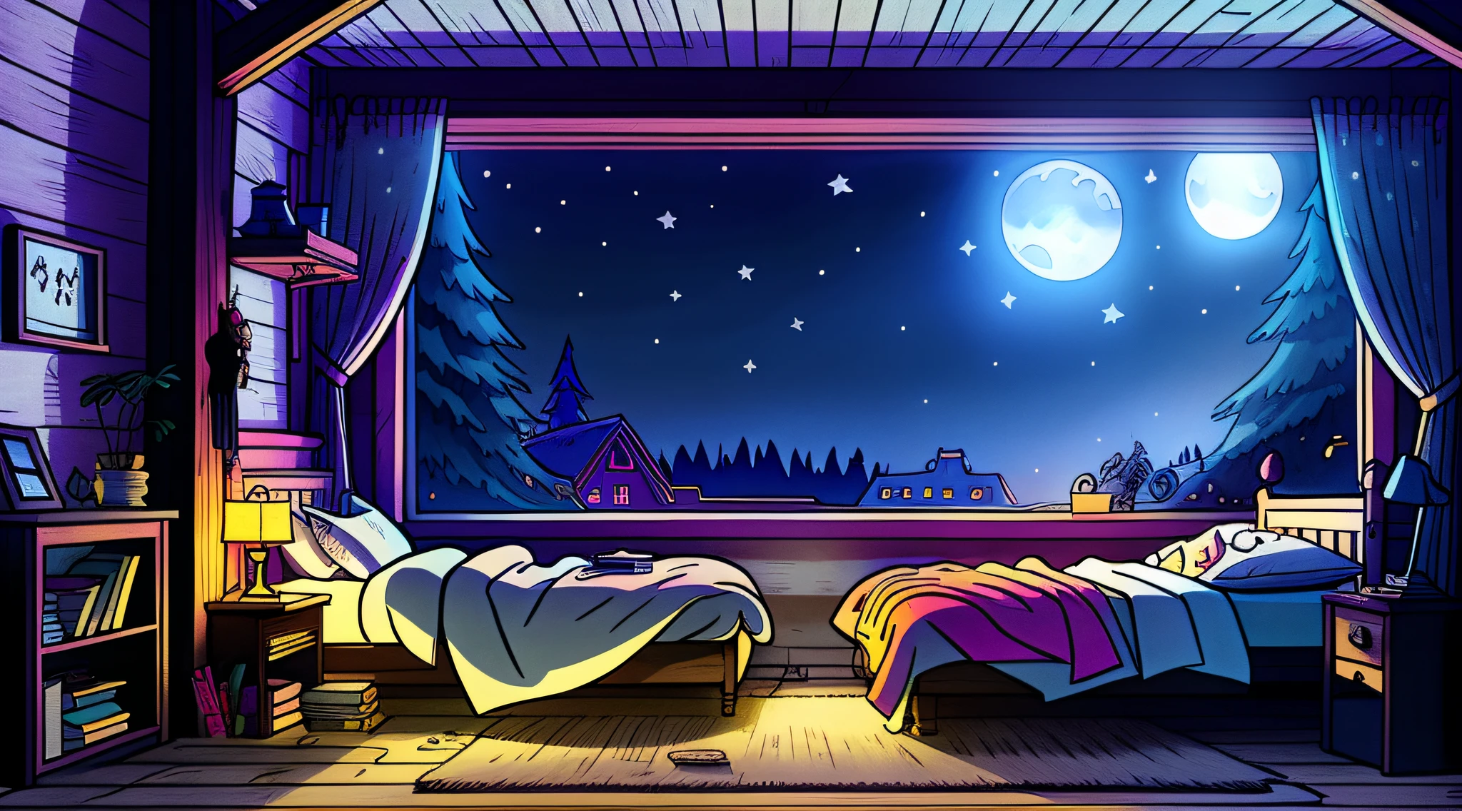 un dormitorio acogedor por la noche, La luz de la luna brillando a través de la ventana, Ilustración detallada, dibujos animados, al estilo de las caídas de gravedad,