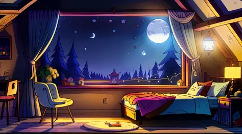 a cozy bedroom at night, moonlight shining through the window, detailed illustration, cartoon, in the style of gravityfalls,