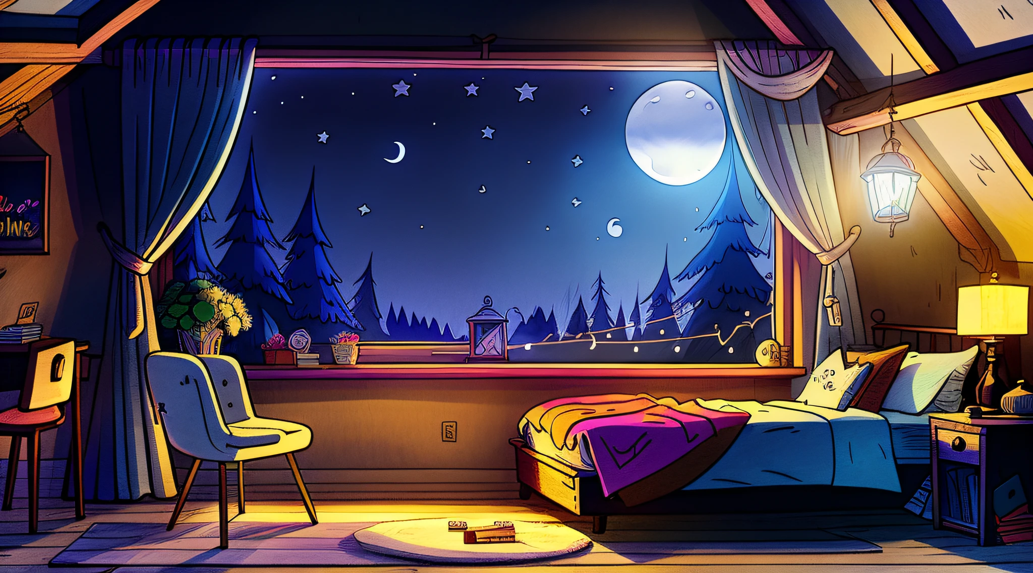 une chambre confortable la nuit, le clair de lune brille à travers la fenêtre, illustration détaillée, dessin animé, dans le style des chutes de gravité,