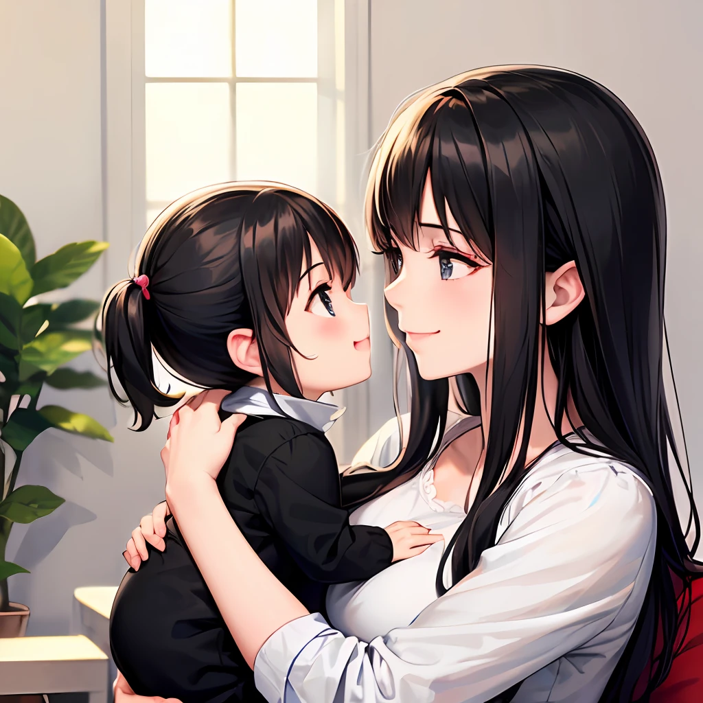 (A 30-year-old Зрелая женщина with long black hair in white clothes and black tights sitting in the living room holding a baby to breastfeed: 1.9) (с улыбкой на лице, смотрю на маленького ребенка: 1.5) (женщина держит ребенка, чтобы покормить: 1.9) (Зрелая женщина: 1.8) (Боковое лицо крупным планом: 1.5) (шедевр, шедевр: 1.5)