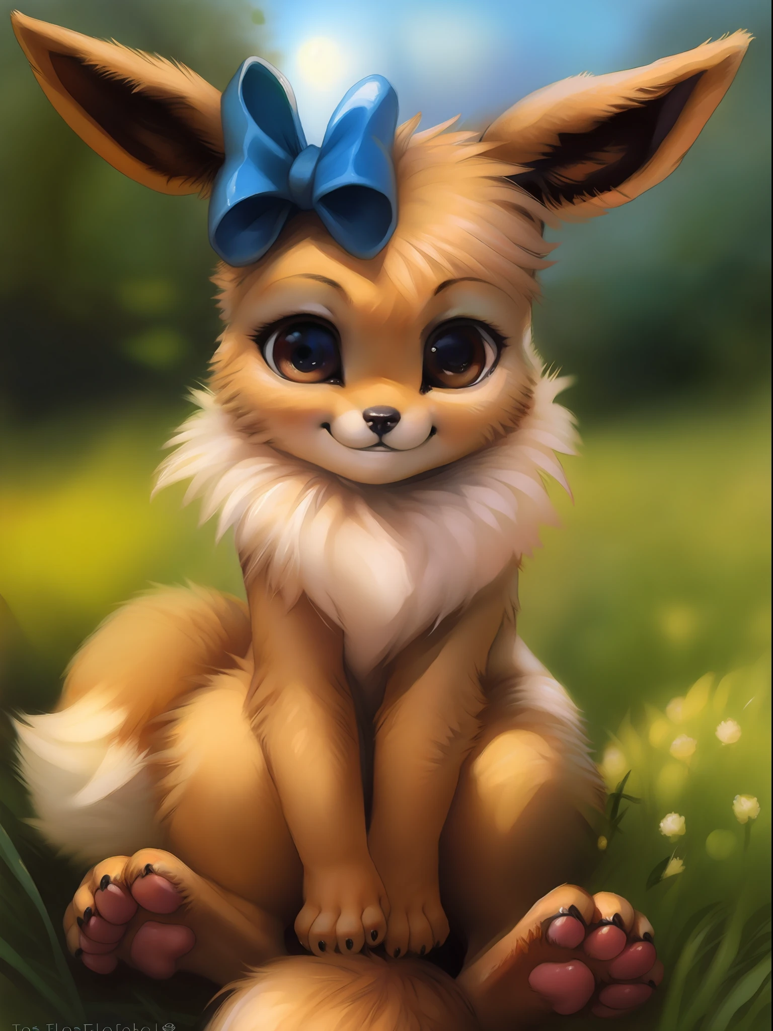 by kenket, by totesfleisch8, (by thebigslick, by silverfox5213:0.8), (by syuro:0.2), pokekid, eevee, fluffy girl, furry girl, female, smile, smiling, has a big pretty bow in her hair, has animal paws for hands, 1girl, best quality, outdoors, high definition, cute,