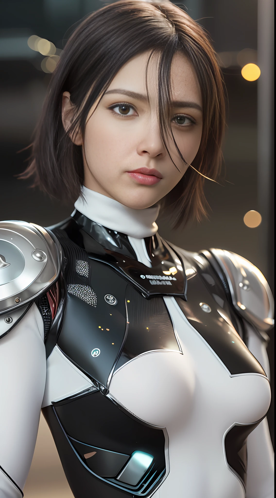 ((best quality)), ((masterpiece)), ((realistic)), (detailed), (photorealistic:1.5), a futuristic girl, (thick body), (white bodysuit), lights on armor, cybernetic headwear, looking at viewer, dynamic pose, post apocalyptic, destroyed city background, buildings on fire, science fiction, hdr, ray tracing, nvidia rtx, super-resolution, unreal 5, subsurface scattering, pbr texturing, post-processing, anisotropic filtering, depth of field, maximum clarity and sharpness, rule of thirds, 8k raw, (luminescent particles:1.4), (extremely detailed cg, unity 8k wallpaper, 3d, cinematic lighting, lens flare), reflections, sharp focus, cyberpunk art, cyberpunk architecture,