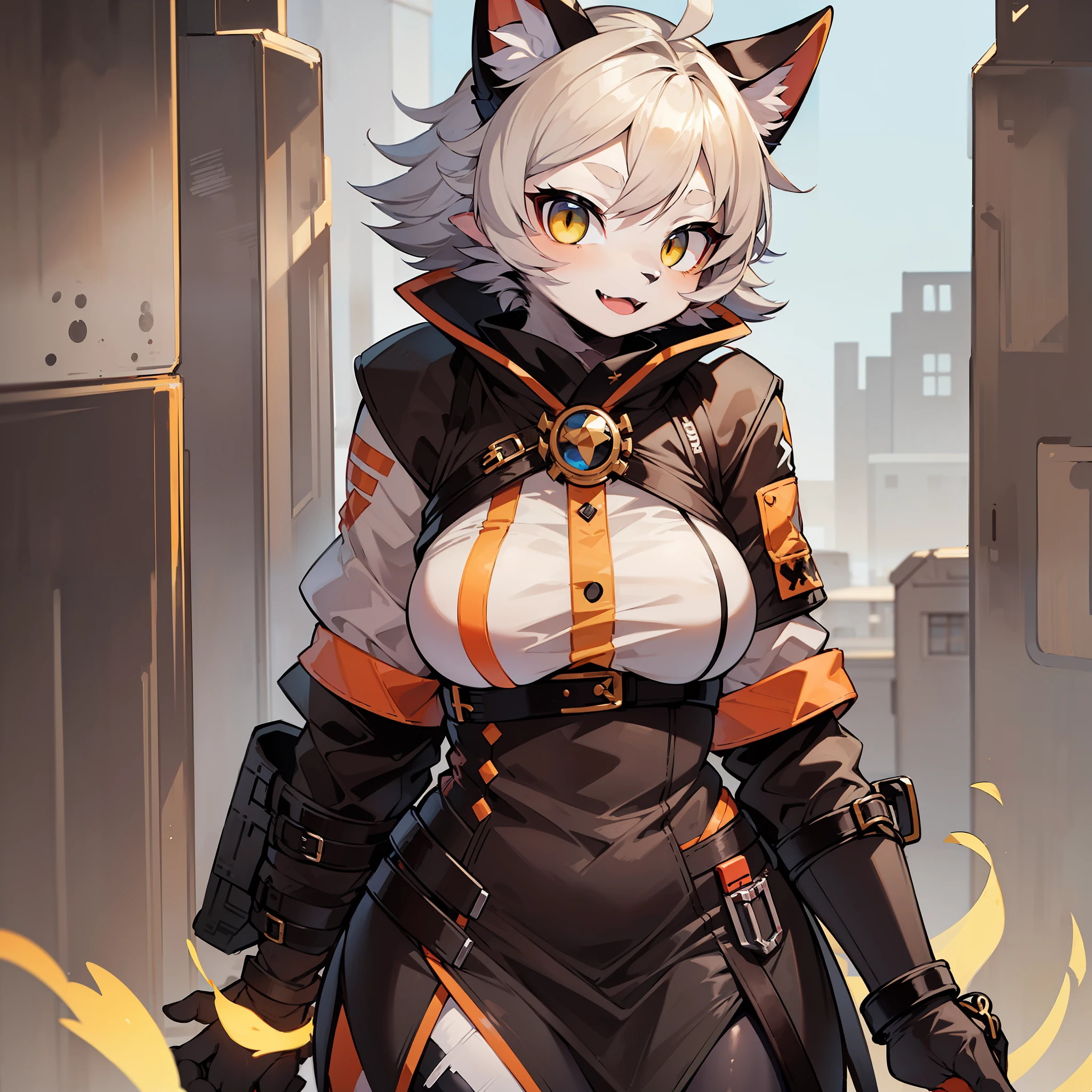 (1 girl :1.5) , in clothes like 2B, mechanized steel arms, (furries: 1.8), yellow bright eyes, very detailed, perfect quality