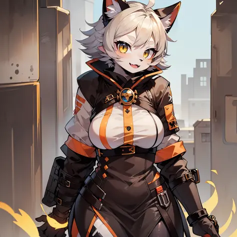 (1 girl :1.5) , in clothes like 2b, mechanized steel arms, (furries: 1.8), yellow bright eyes, very detailed, perfect quality