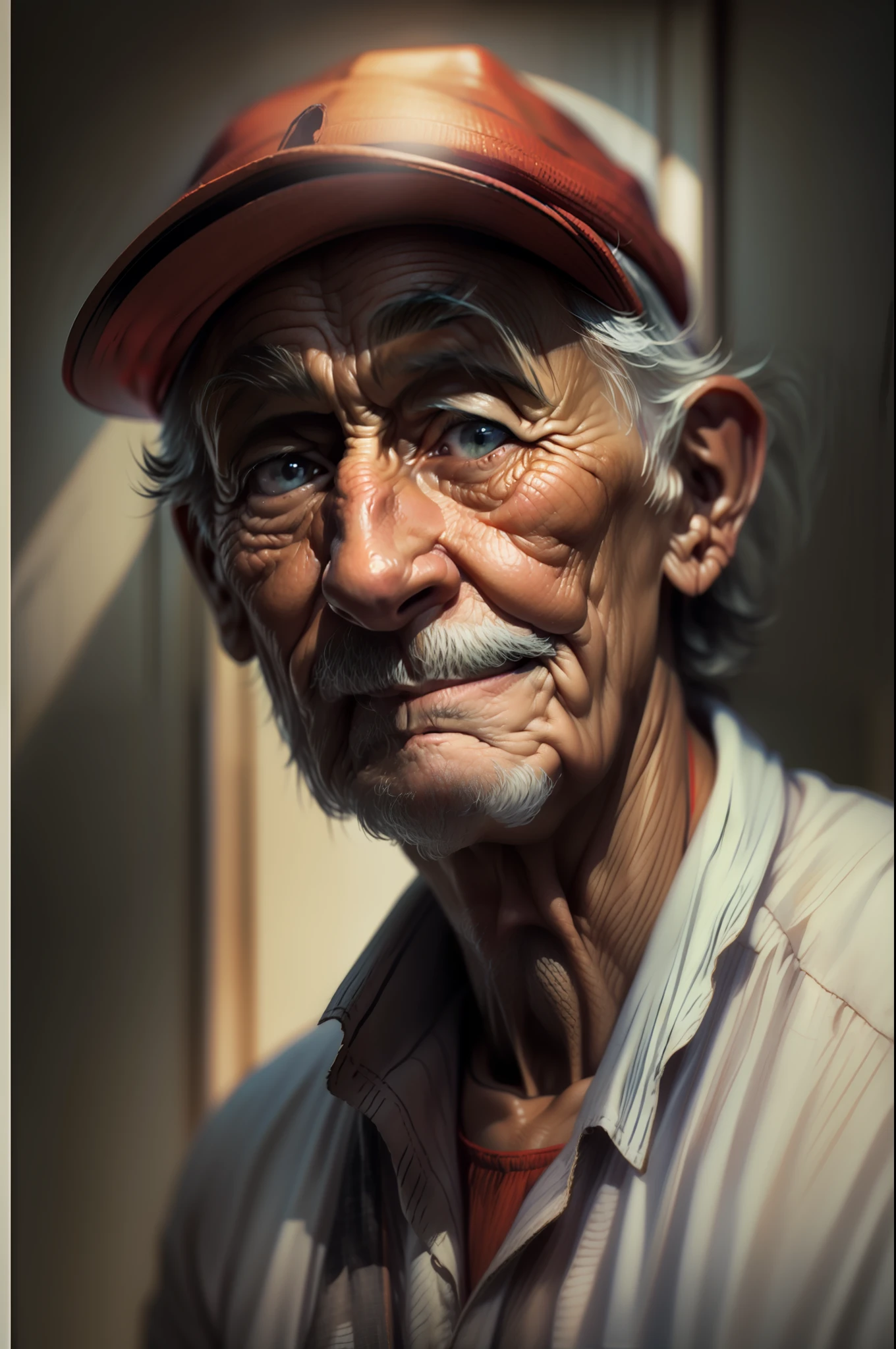 ((Obra de arte)), ((melhor qualidade)), Retrato colorido de um velho, Use um chapéu vermelho, olhos abertos, boato
