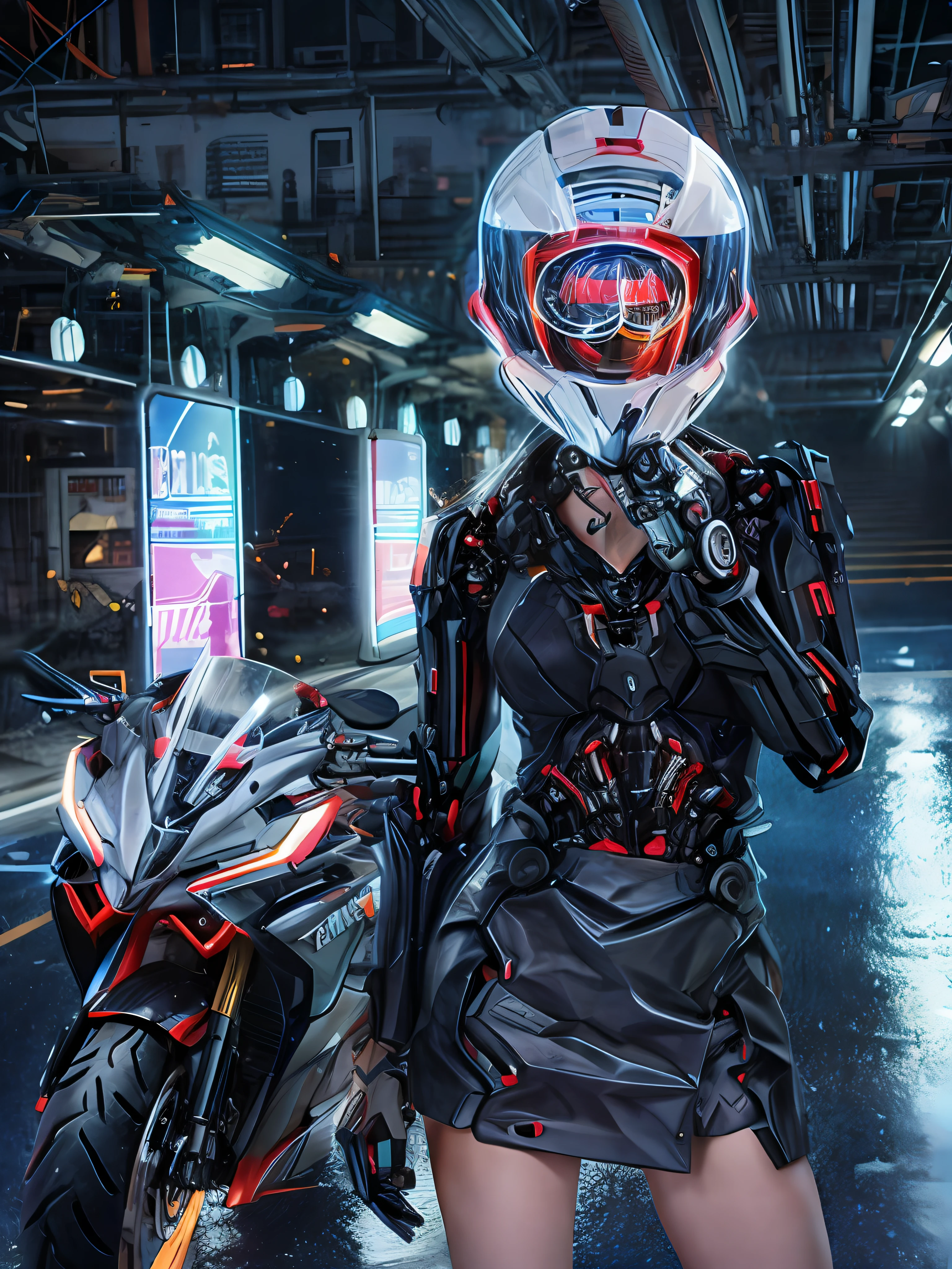 1 girl, motorcycle, helmet, helmet covering face, reflective windshield, solo, mecha, mecha costume, neon sign, 4k, best quality, masterpiece, high quality, realism, fine detail, super high resolution, (realistic:1.4), neon, cyberpunk ai, GlowingRunes_red, robot, roblet, mecha musumui, mechanical parts, robot joint, headdress,